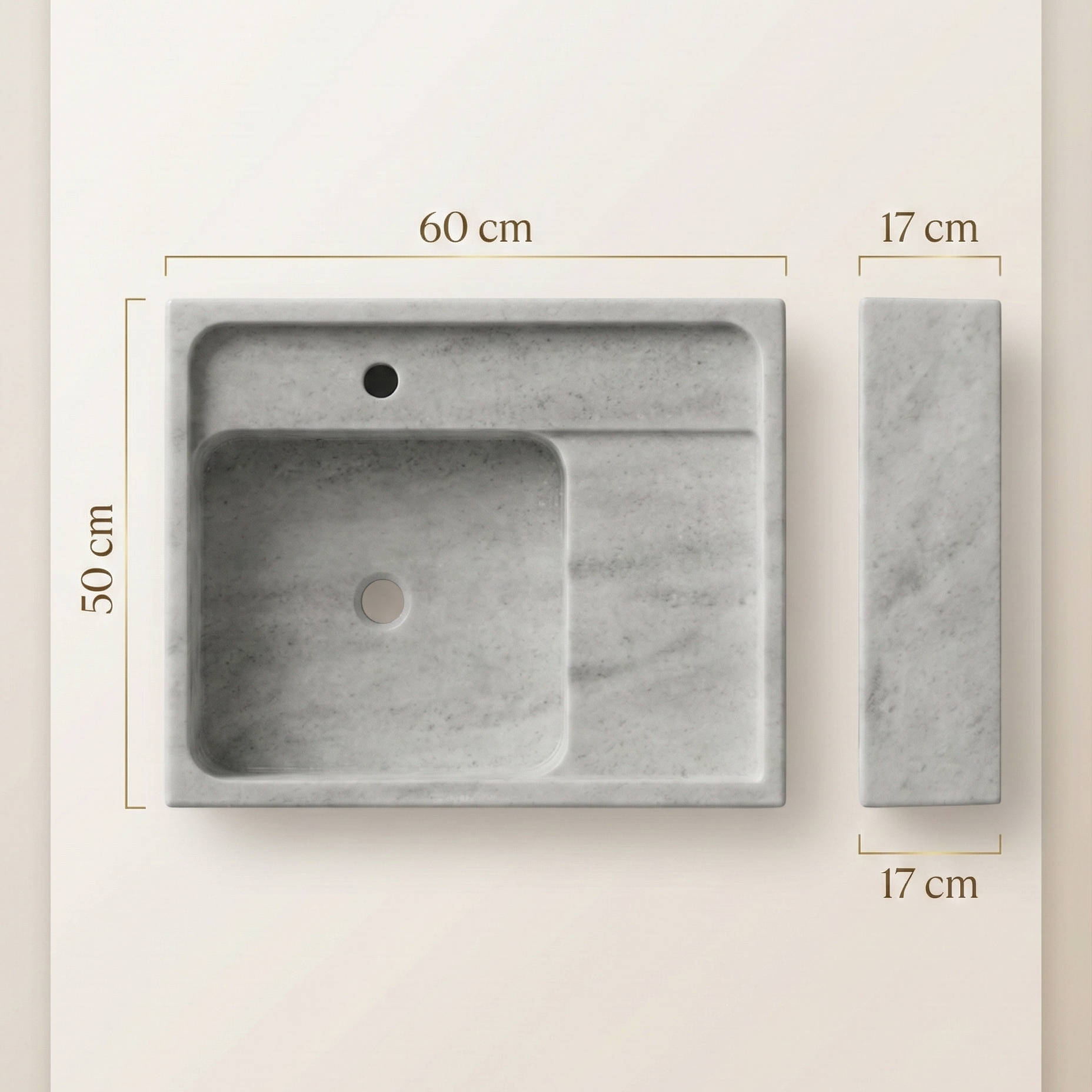 Dimensions of grey marble vessel sink showing size and measurements in cm and inches