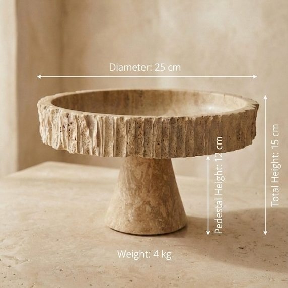 Travertine pedestal bowl dimensions 25cm diameter 15cm height
