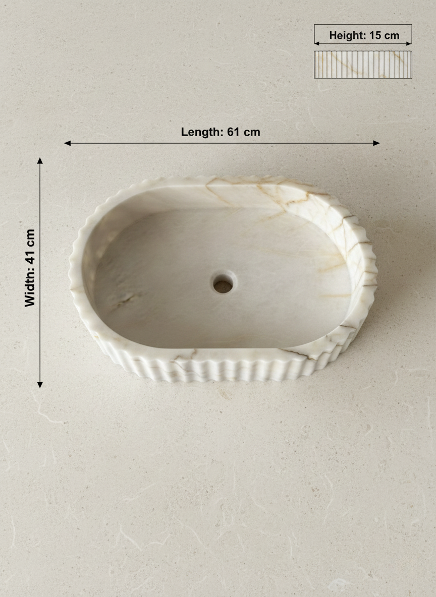 Dimensions of fluted marble vessel sink 61x41x15 cm with detailed measurement diagram for bathroom installation