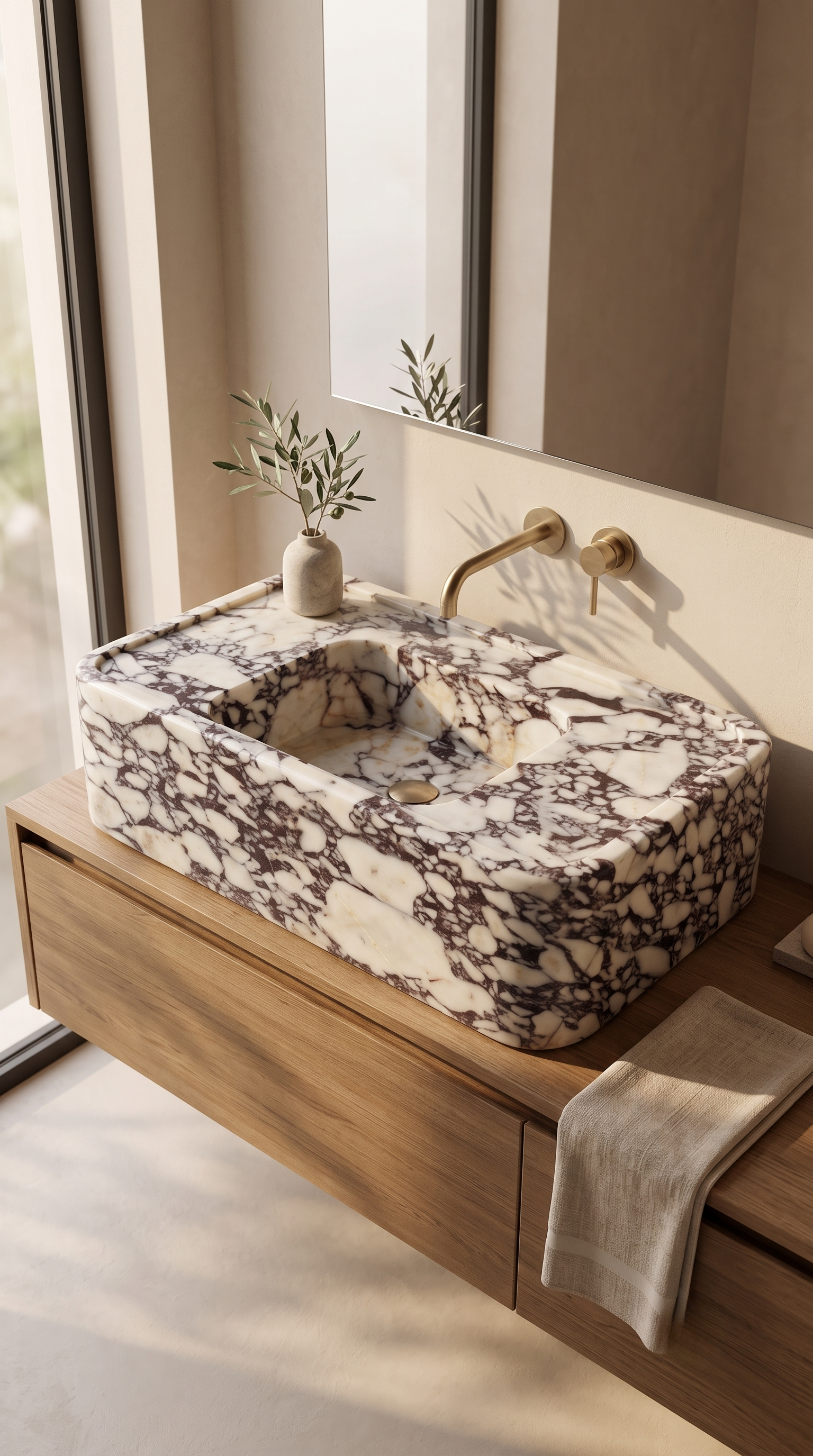 Luxury Calacatta Viola marble vessel sink on a modern bathroom vanity
