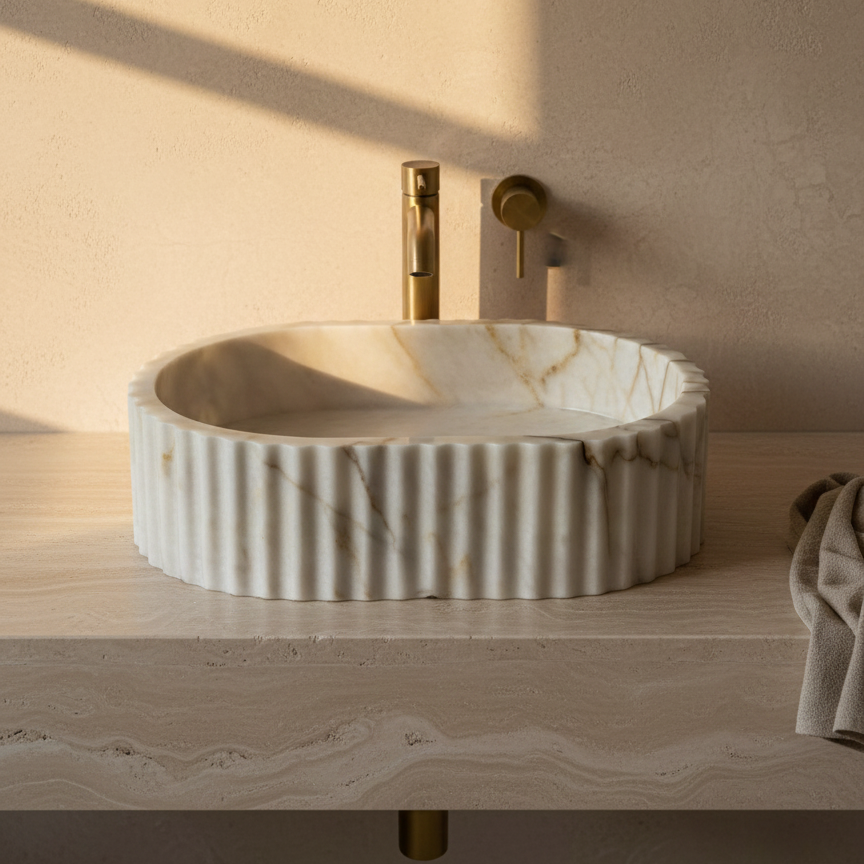 Handcrafted fluted marble vessel sink made from Afyon Seker marble, luxury countertop bathroom basin with sculptural design