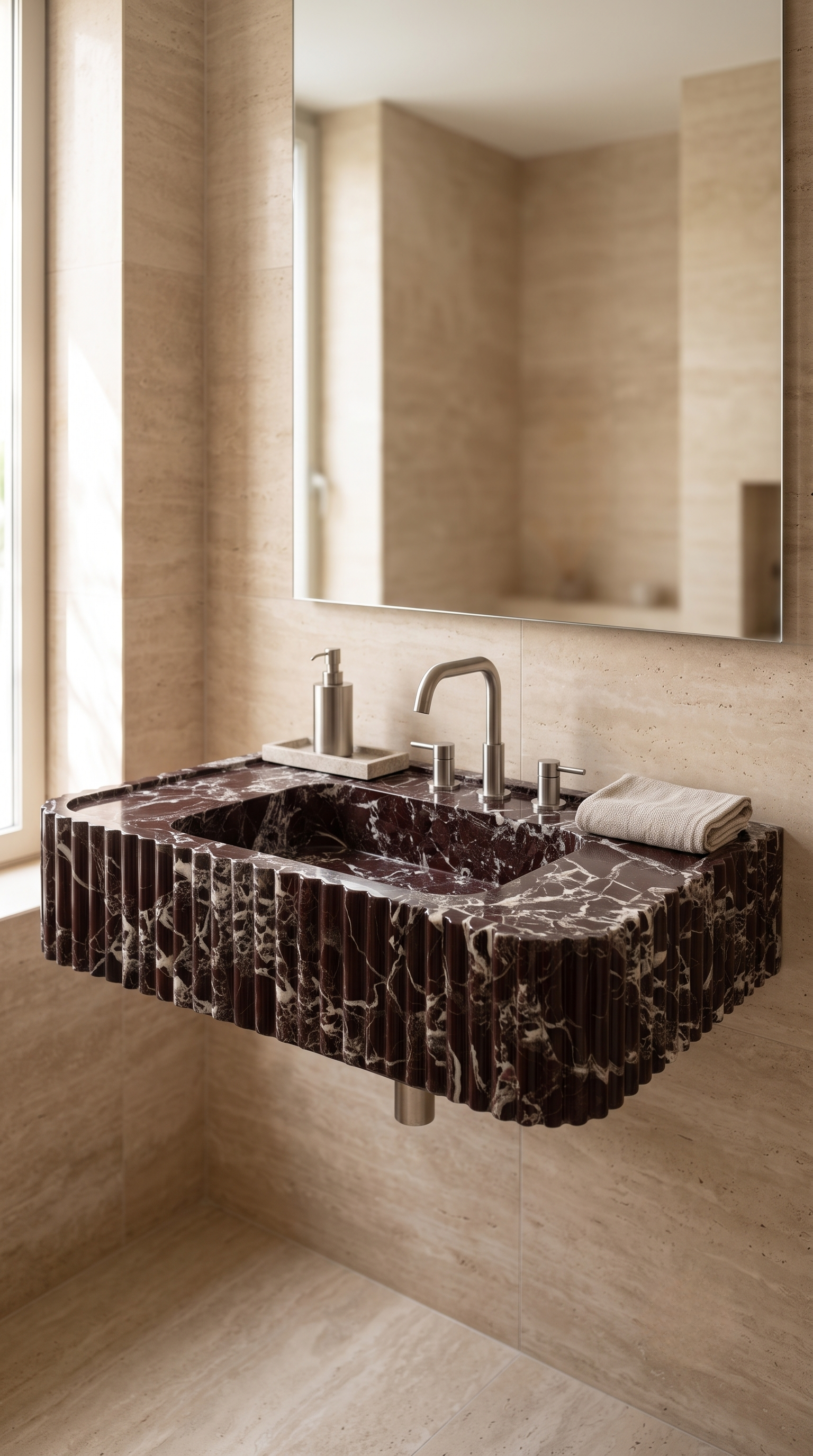 Rosso Levanto fluted wall mounted marble bathroom sink in luxury bathroom
