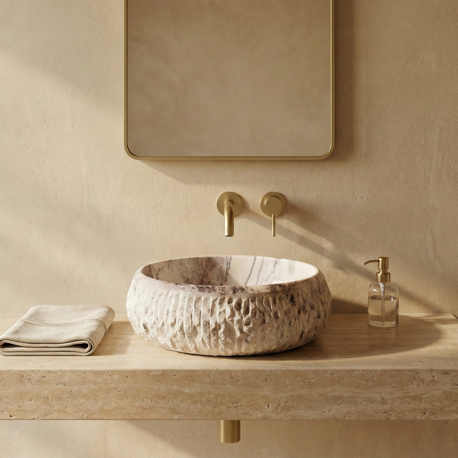 Lilac marble vessel sink in luxury beige bathroom interior by Petra Vera