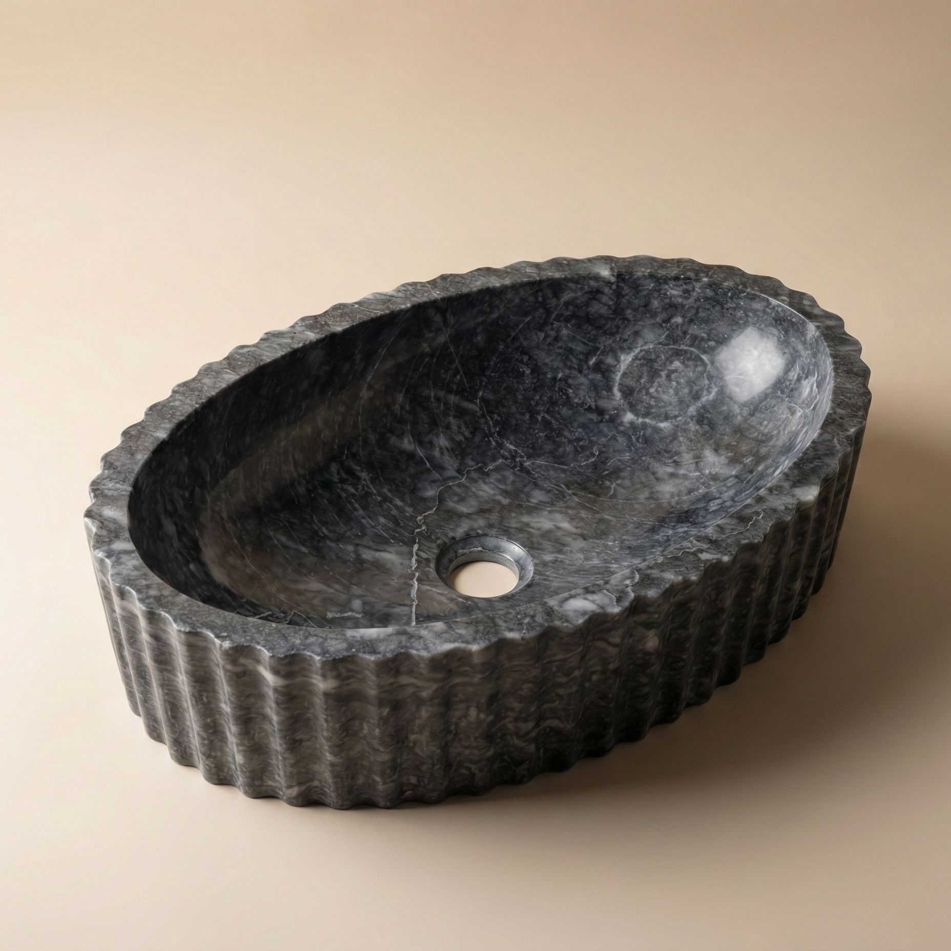 Fluted dark marble oval vessel sink luxury bathroom basin Petra Vera