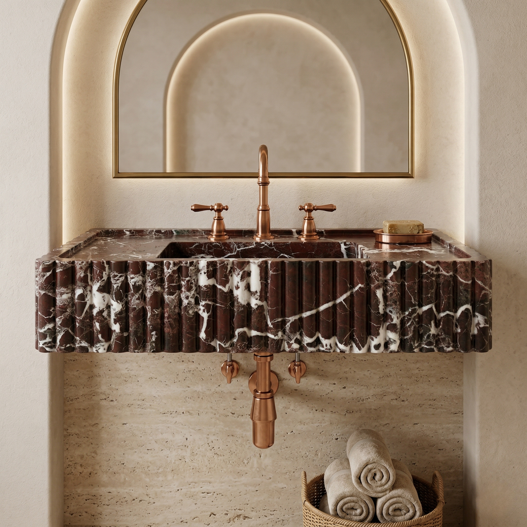 Custom Rosso Levanto Marble Sink With 5” Backsplash – Emmie Paulos | Petra Vera