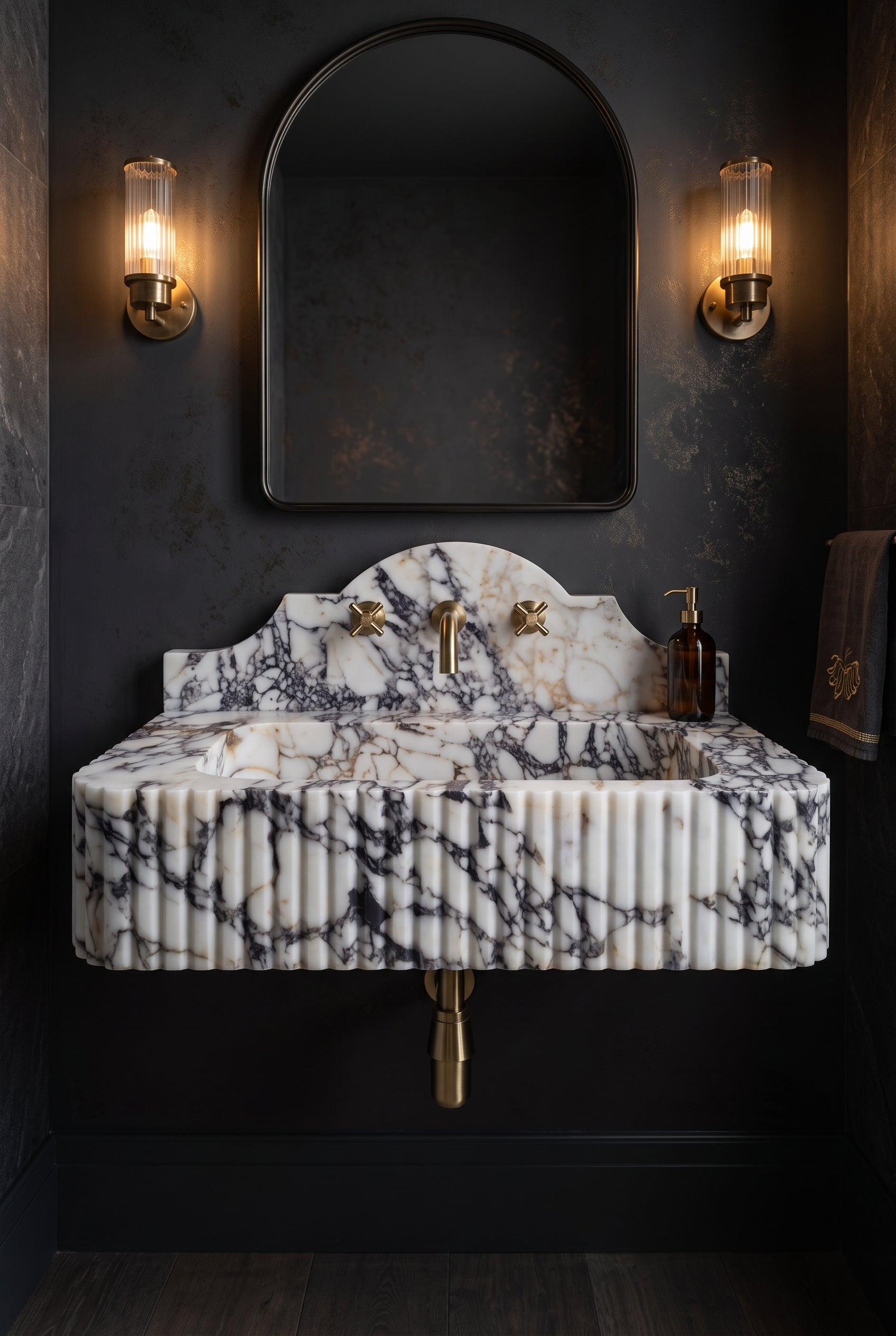 Calacatta Viola Fluted Marble Wall-Mounted Sink with Backsplash