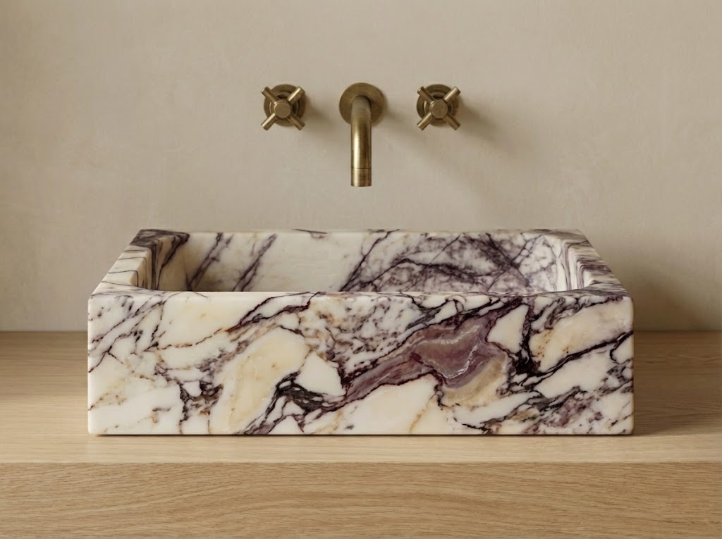 Calacatta Viola marble vessel sink rectangular luxury bathroom basin Petra Vera