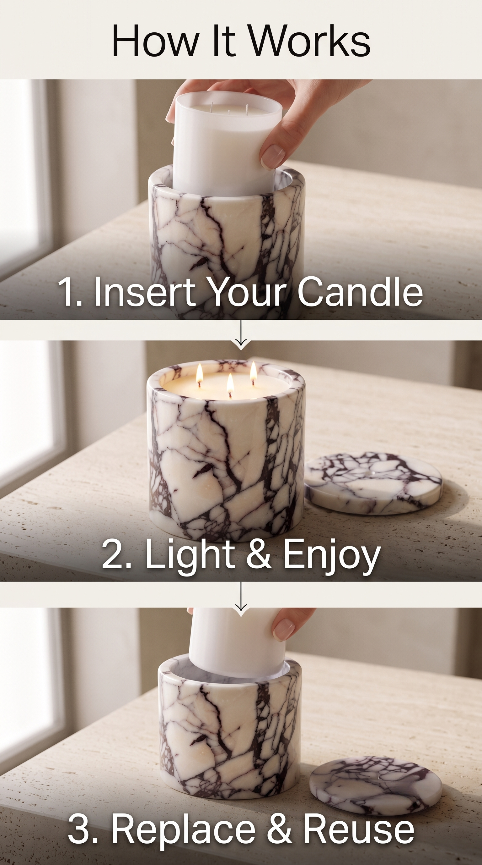 How to use and reuse the luxury marble candle holder step by step.
