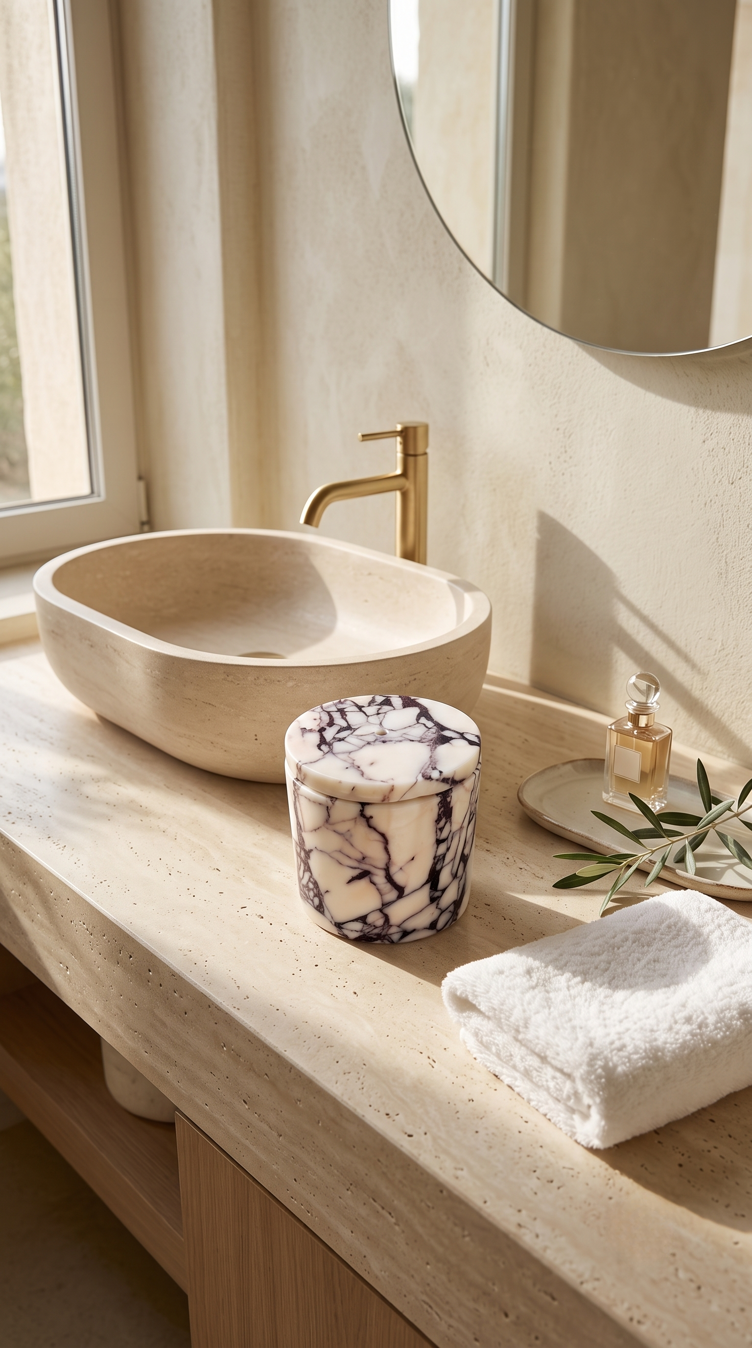 Calacatta Viola marble candle vessel styled on a luxury travertine table.
