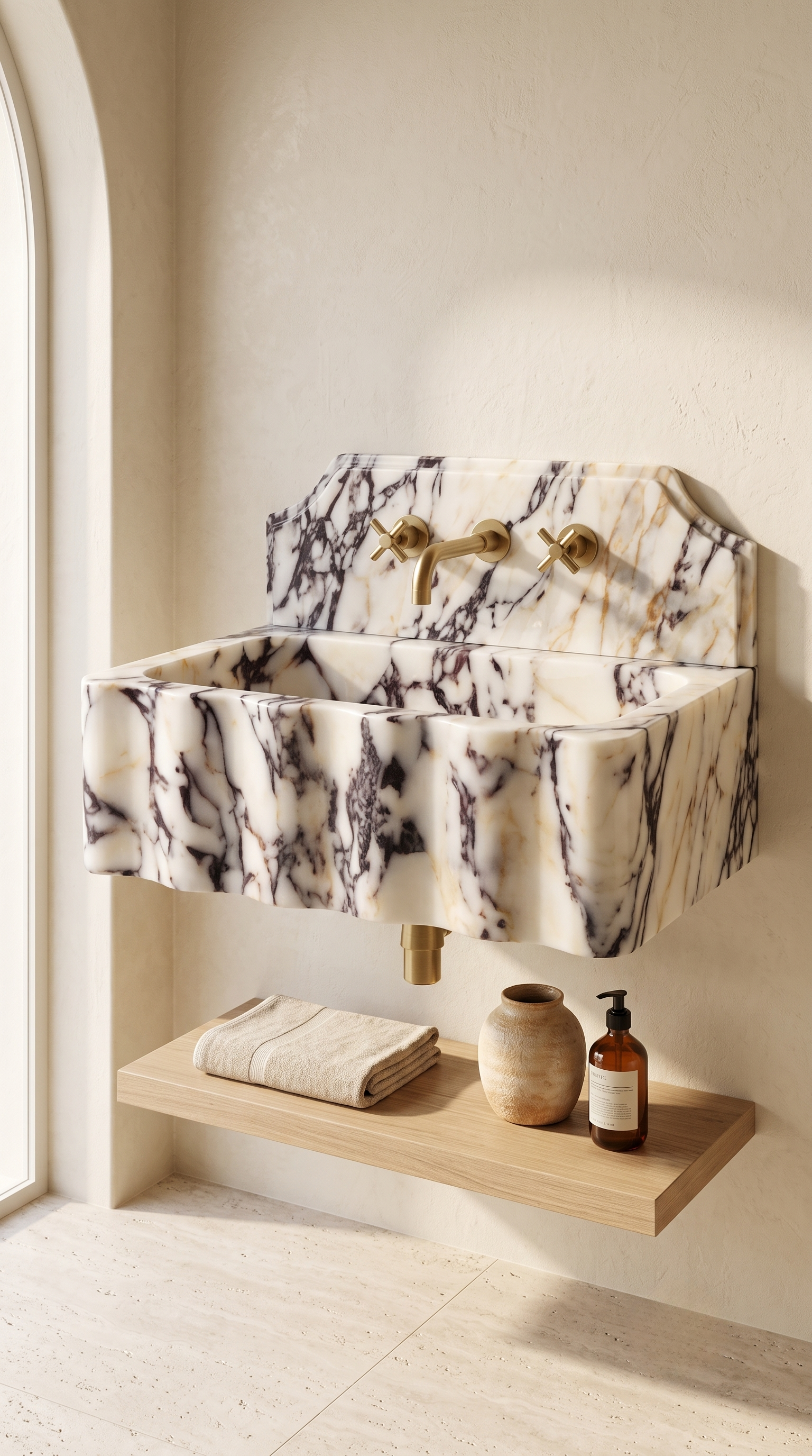 Luxury Calacatta Viola Marble Wall Mounted Sink in Modern Minimal Bathroom Interior
