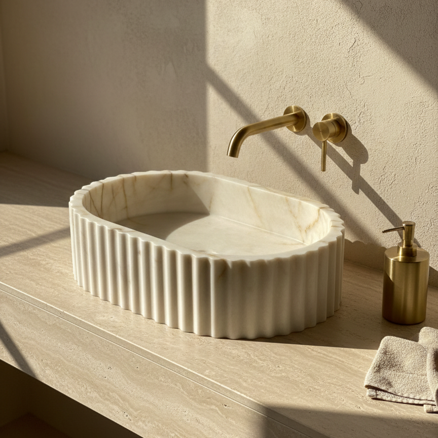 Elegant bathroom styling with handcrafted fluted marble sink and warm natural tones in modern interior space