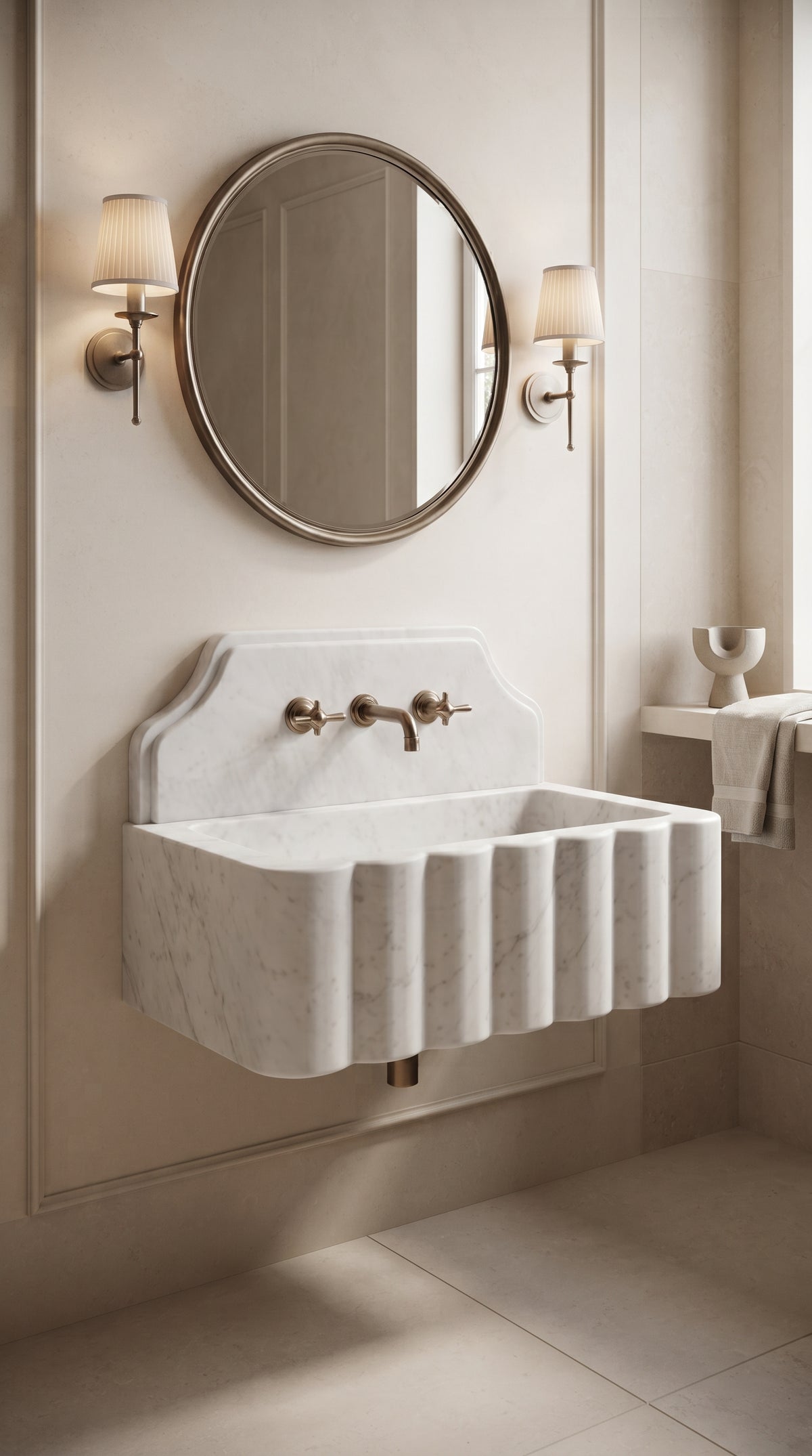 Muğla White marble floating bathroom sink with a curved backsplash and brass faucet in an elegant warm ivory bathroom.