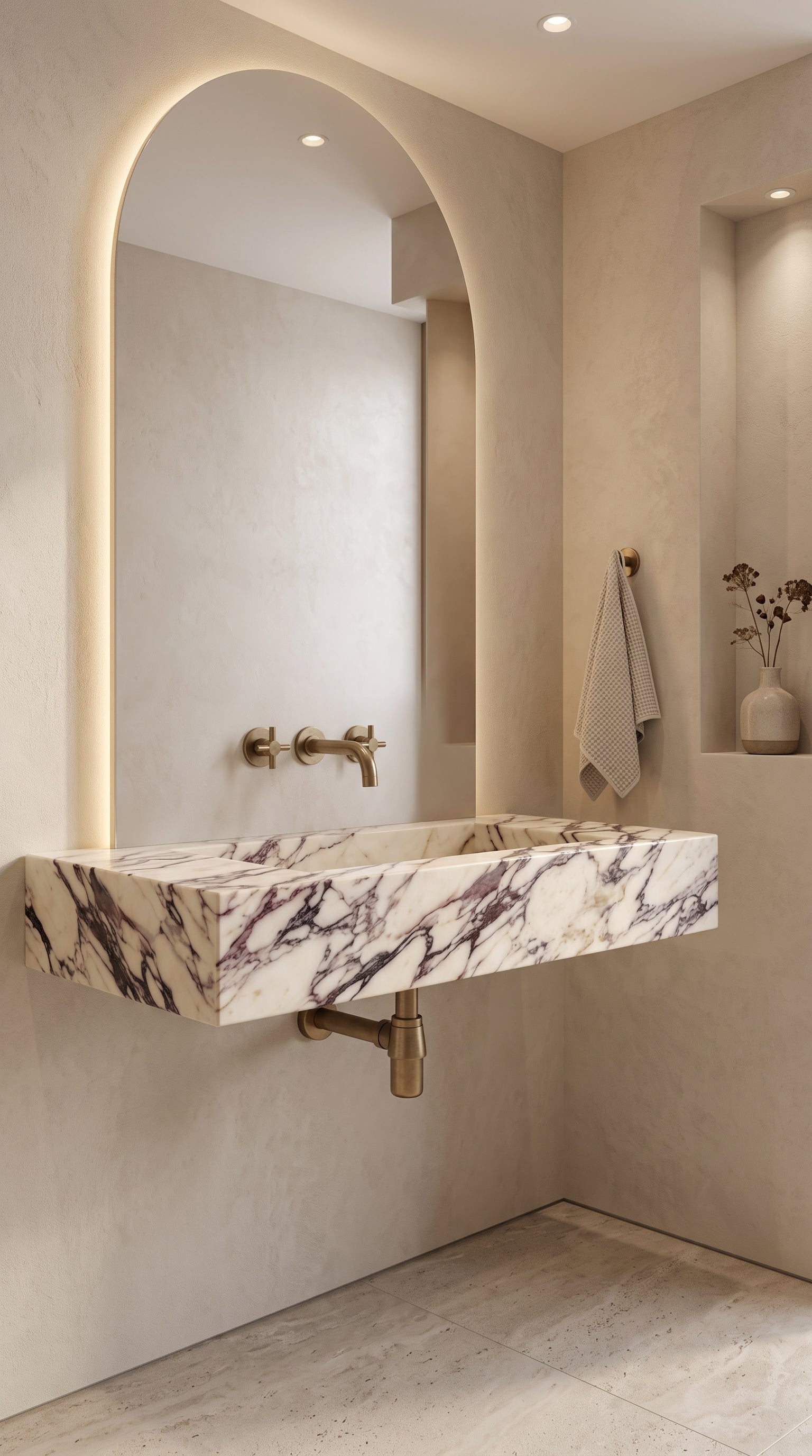 Calacatta Viola floating marble sink in a warm minimalist luxury bathroom