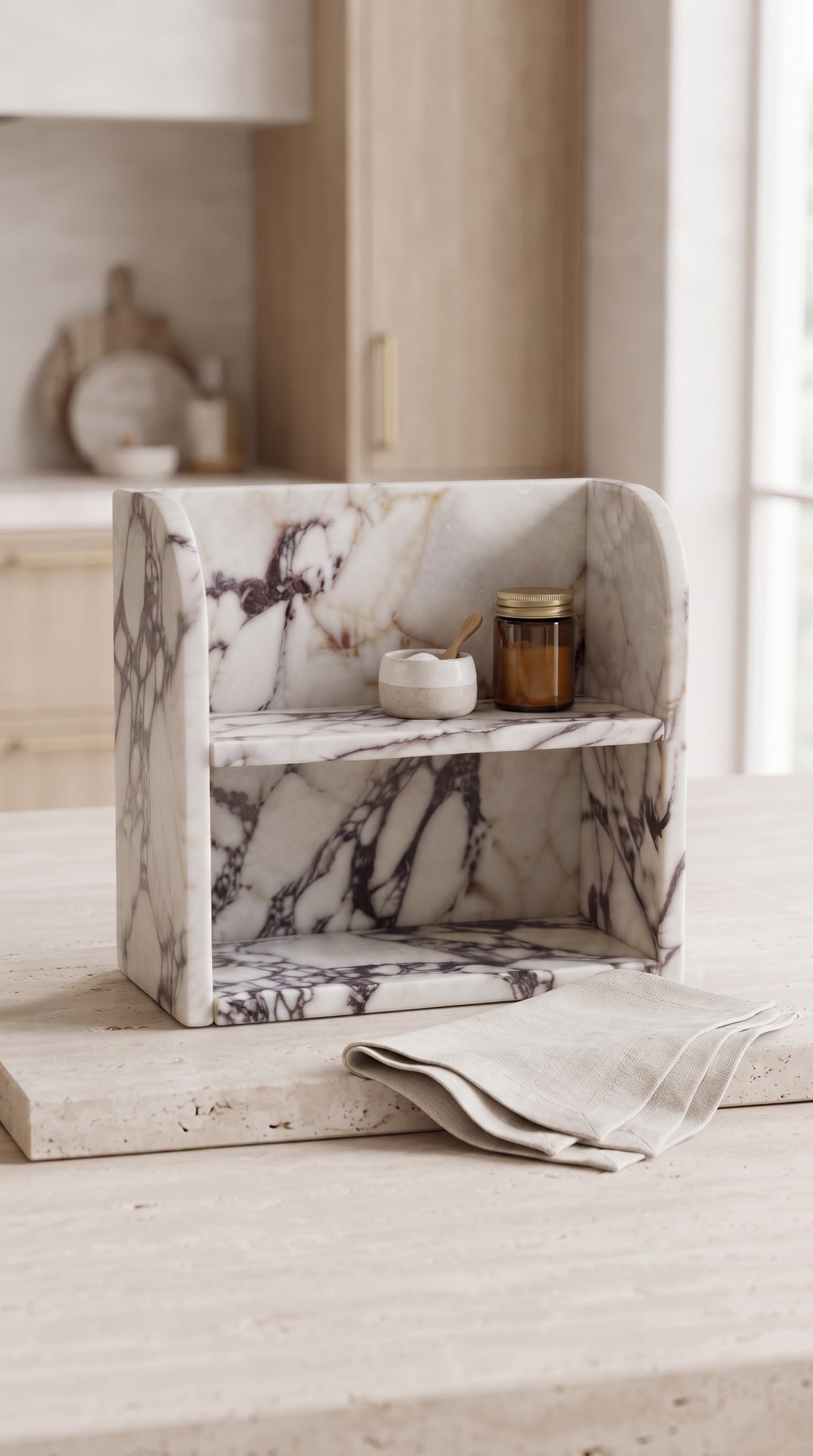 Calacatta Viola marble countertop organizer styled in a luxury kitchen with elegant two-tier storage
