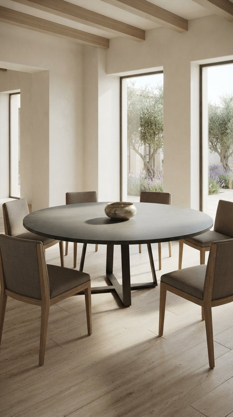 Round Pietra di Cardoso Grigio porcelain tabletop in a bright contemporary dining interior