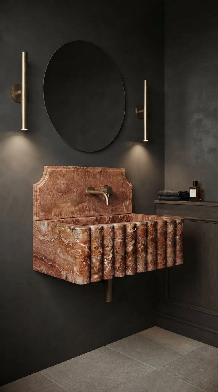 Red Travertine floating sink installed in a dark luxury bathroom with round mirror and wall lighting