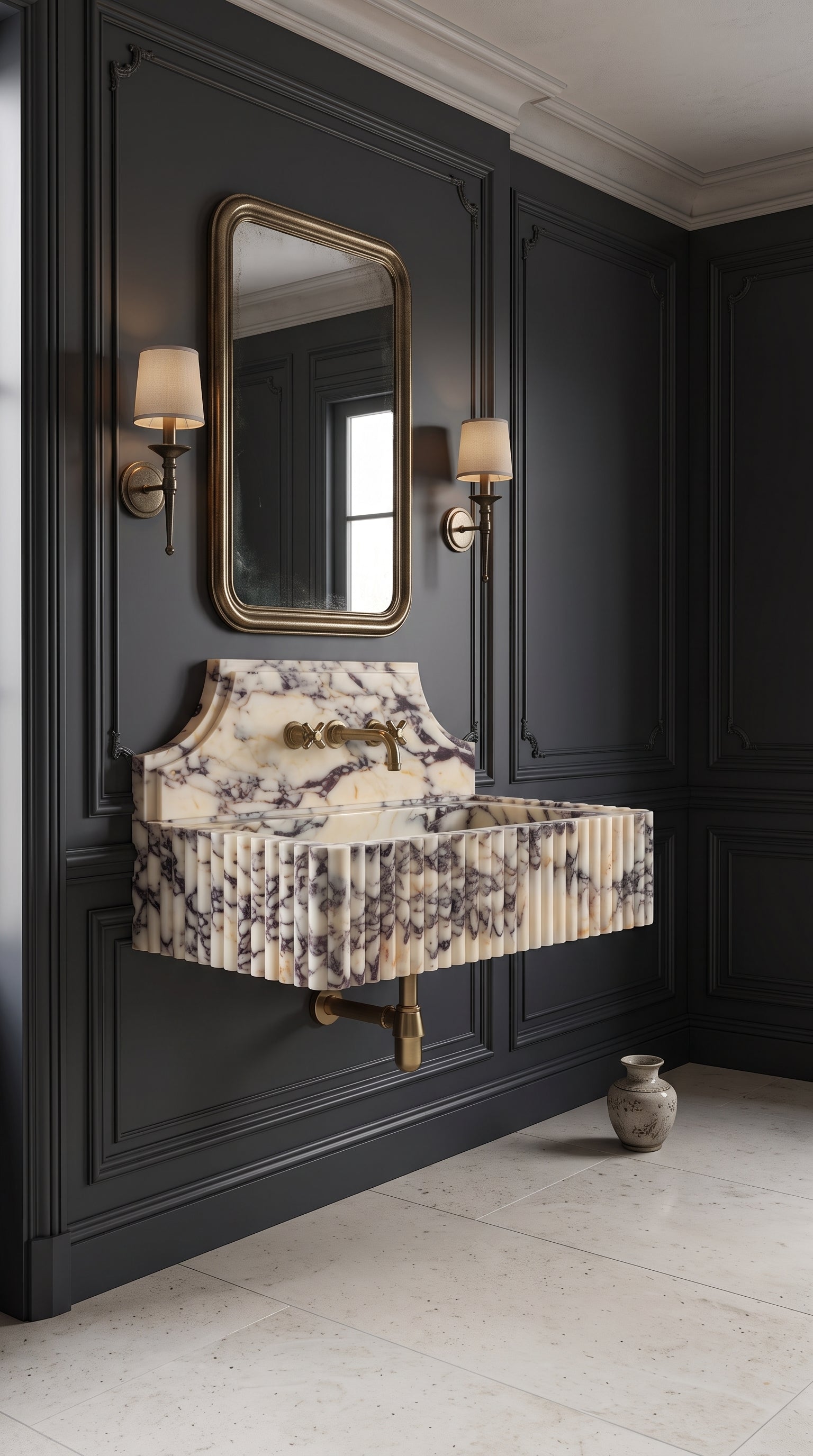 Calacatta Viola floating marble sink installed in a dark green luxury bathroom with wall panels and brass lighting.
