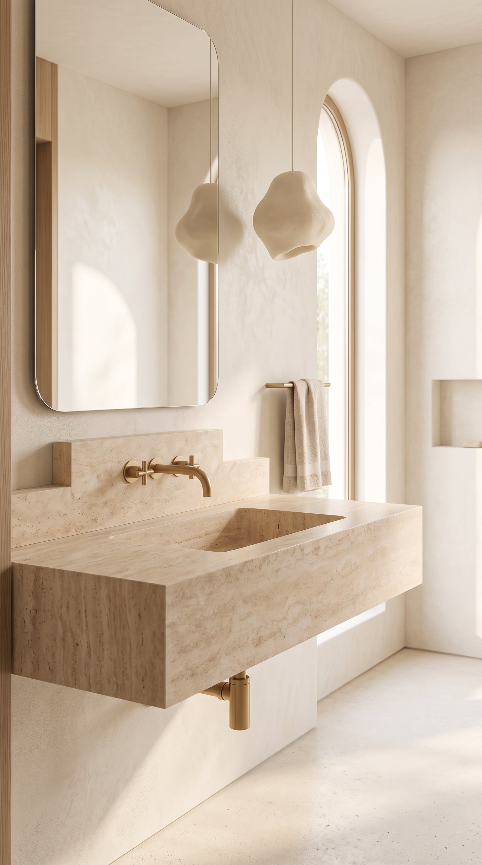 Floating travertine bathroom sink displayed in a bright contemporary Mediterranean interior.