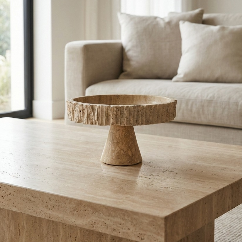 Travertine pedestal bowl styled on modern living room coffee table