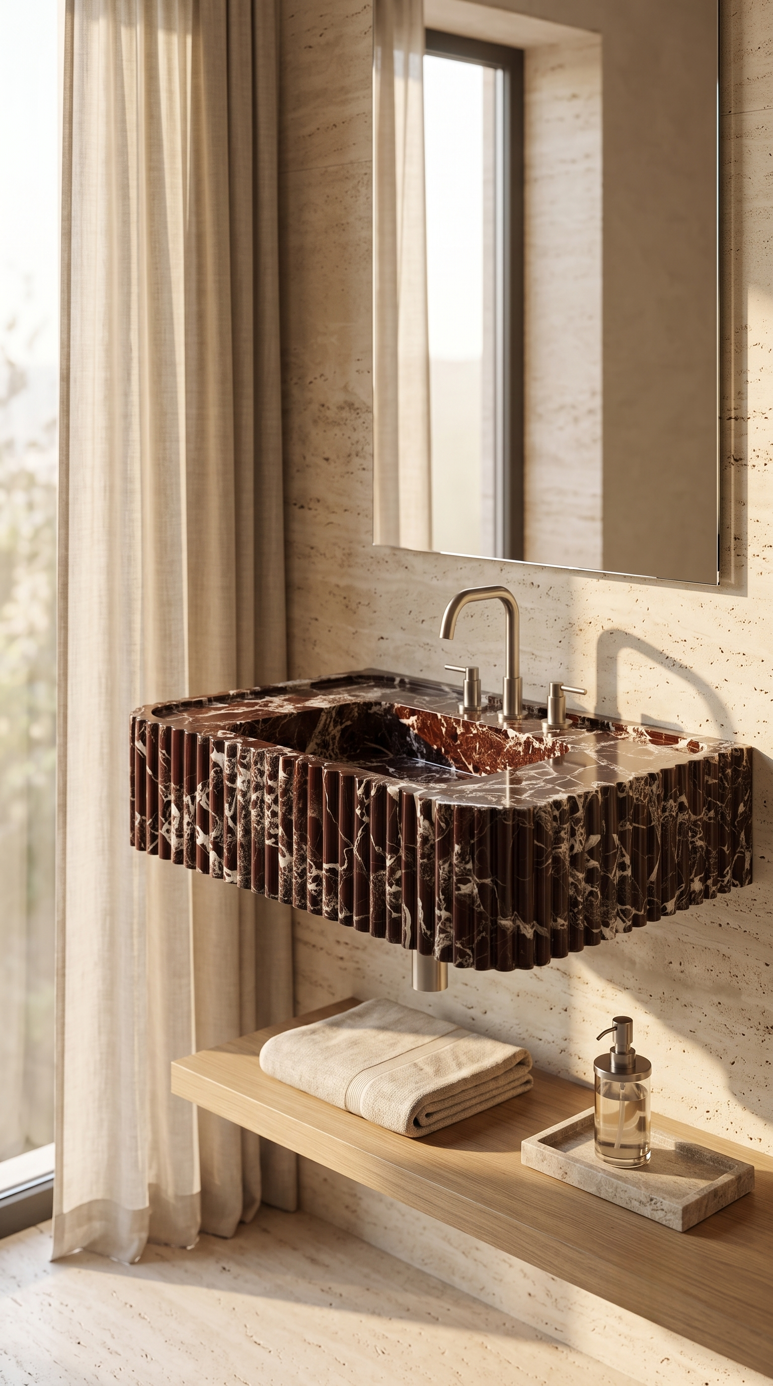 Modern bathroom featuring handcrafted Rosso Levanto marble floating sink
