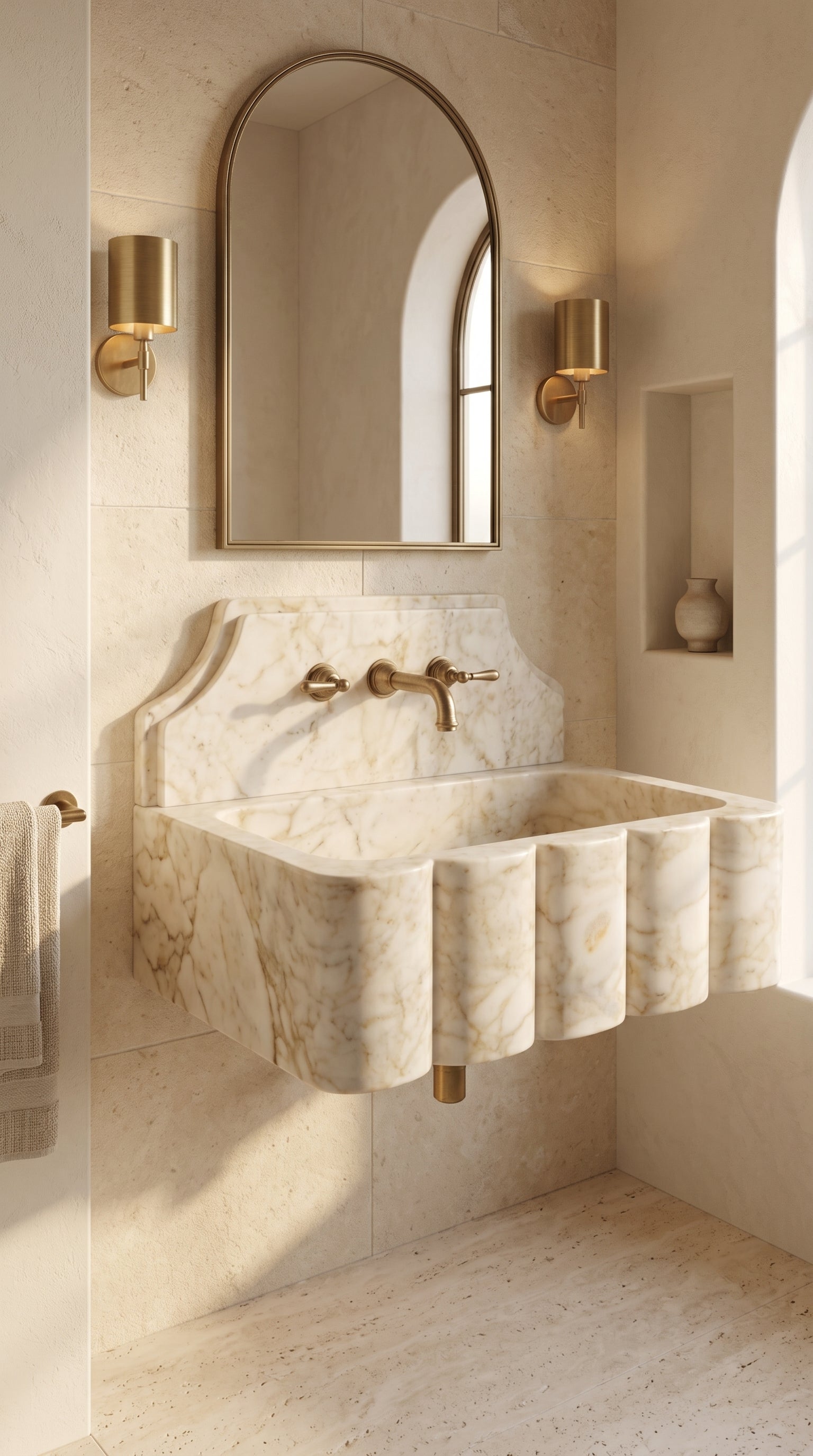 Calacatta Gold marble floating sink installed in a bright luxury bathroom with an arched mirror, brass fixtures and neutral finishes.