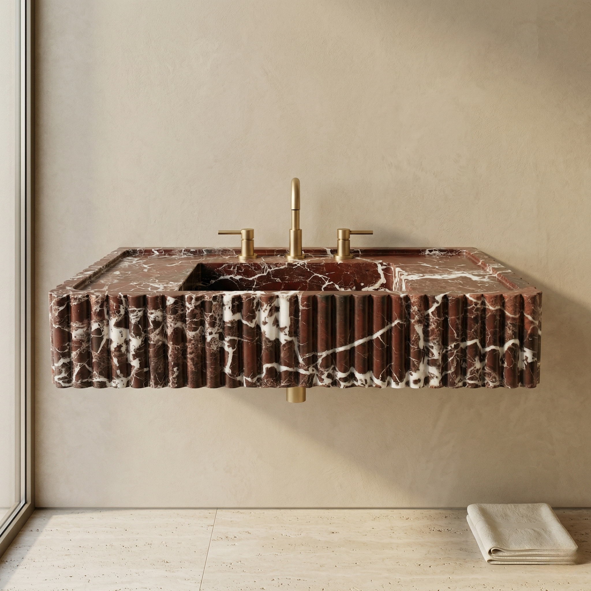 luxury bathroom interior with Rosso Levanto marble wall sink architectural design