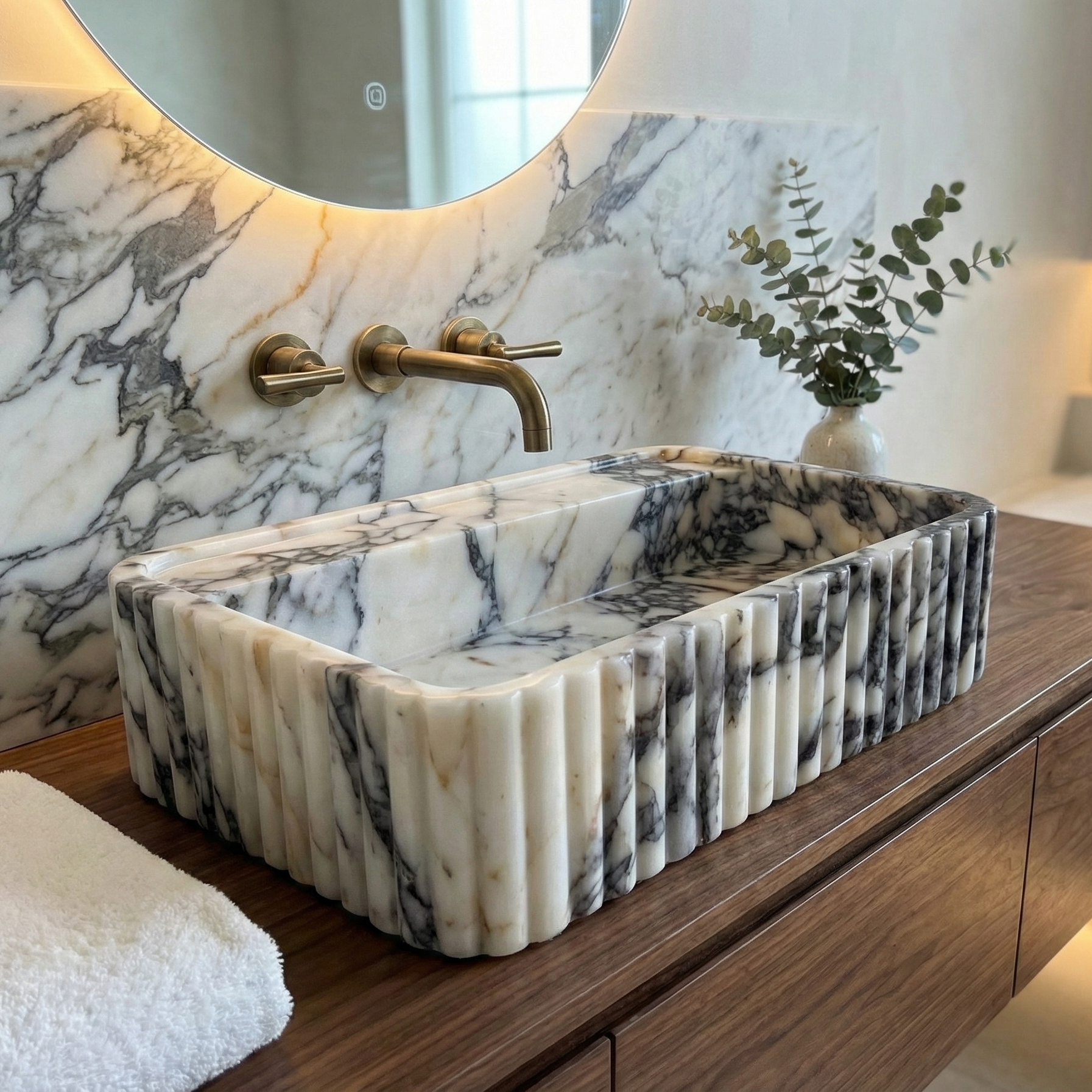 luxury bathroom interior with fluted calacatta viola marble vessel sink
