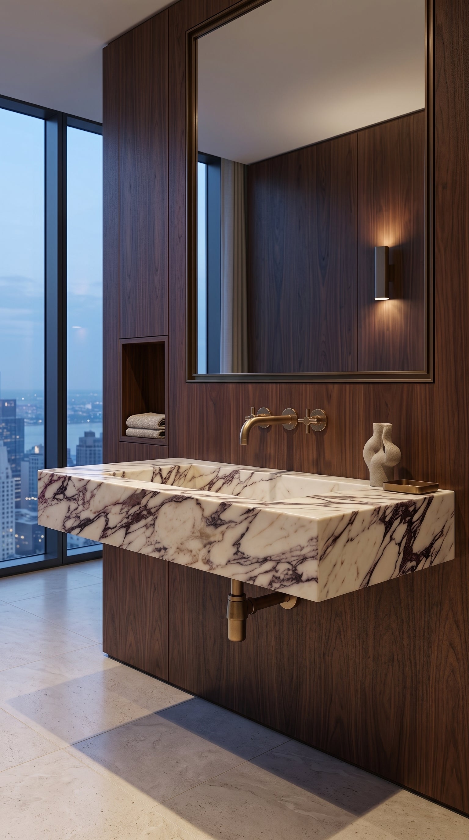 Wall-mounted Calacatta Viola marble sink in a luxury apartment bathroom