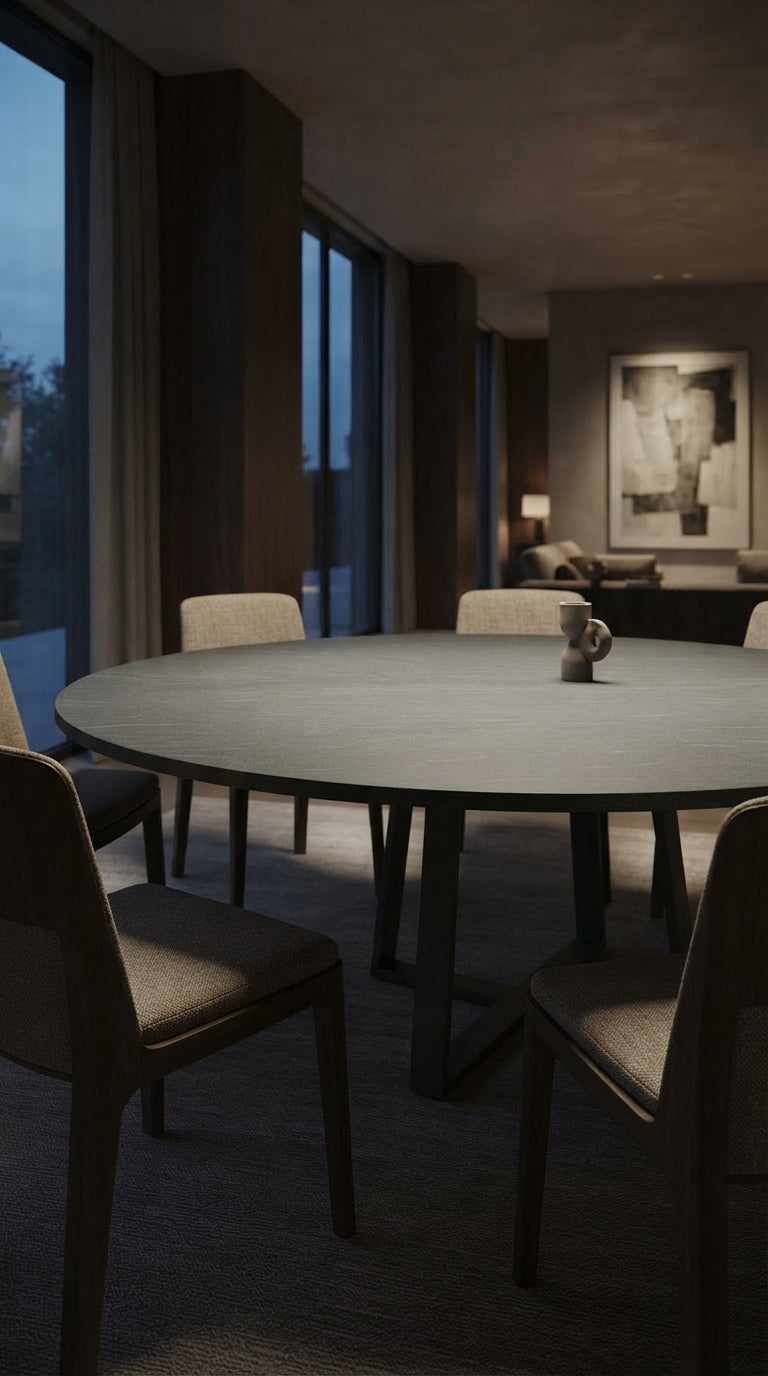 Large round Pietra di Cardoso Grigio porcelain tabletop styled in a sophisticated dark contemporary interior