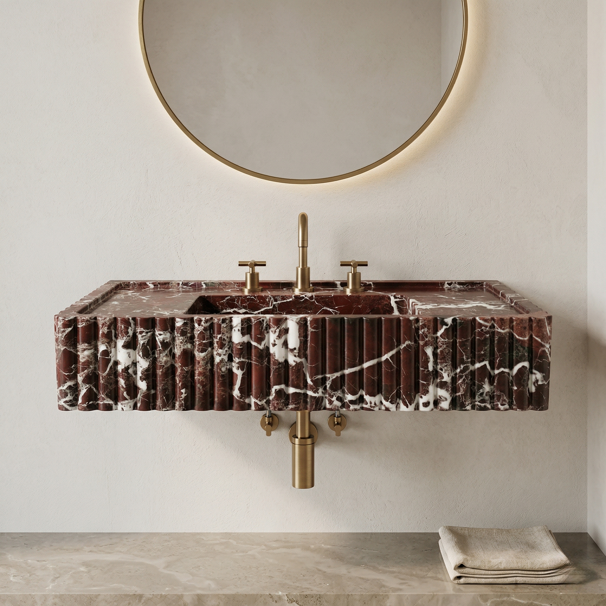 angled view fluted marble sink wall mounted deep burgundy stone basin
