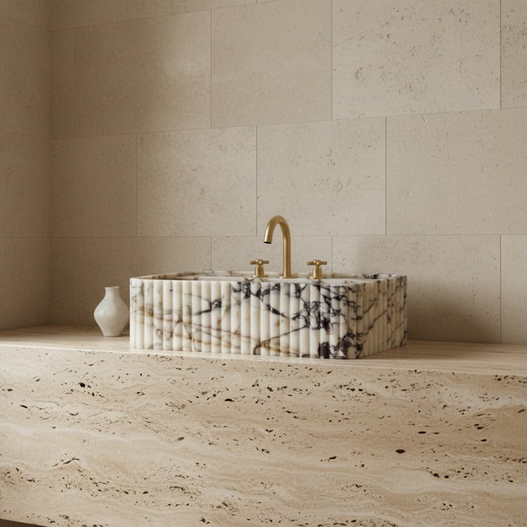 Luxury bathroom design with Calacatta Viola fluted marble sink natural stone vessel basin
