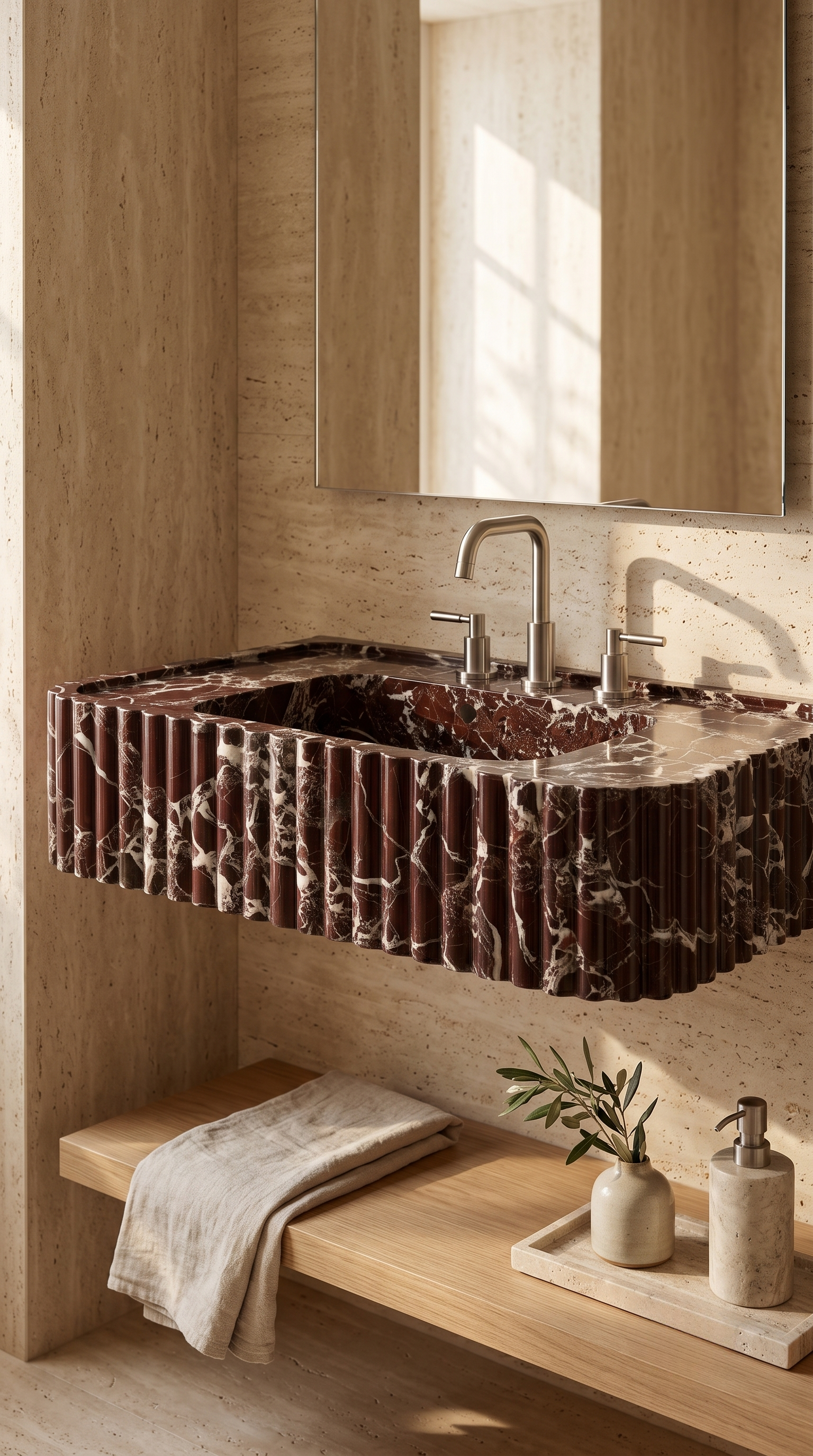 Luxury floating Rosso Levanto marble sink with premium bathroom accessories
