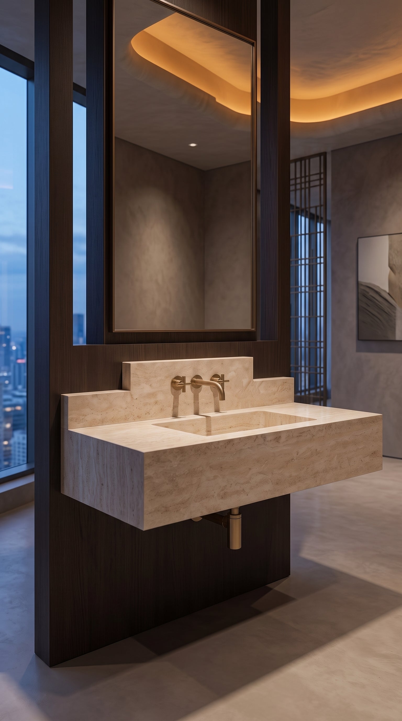 Wall-mounted travertine sink installed in a luxurious high-rise bathroom with warm wood details.