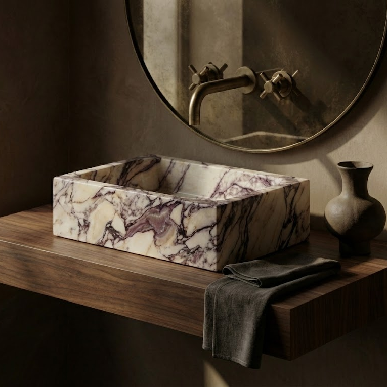 modern minimal bathroom with luxury marble sink calacatta viola