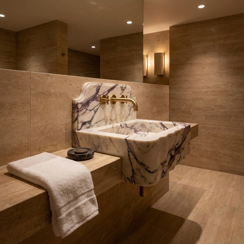 Luxury bathroom interior featuring wall mounted marble sink with backsplash, modern architectural design