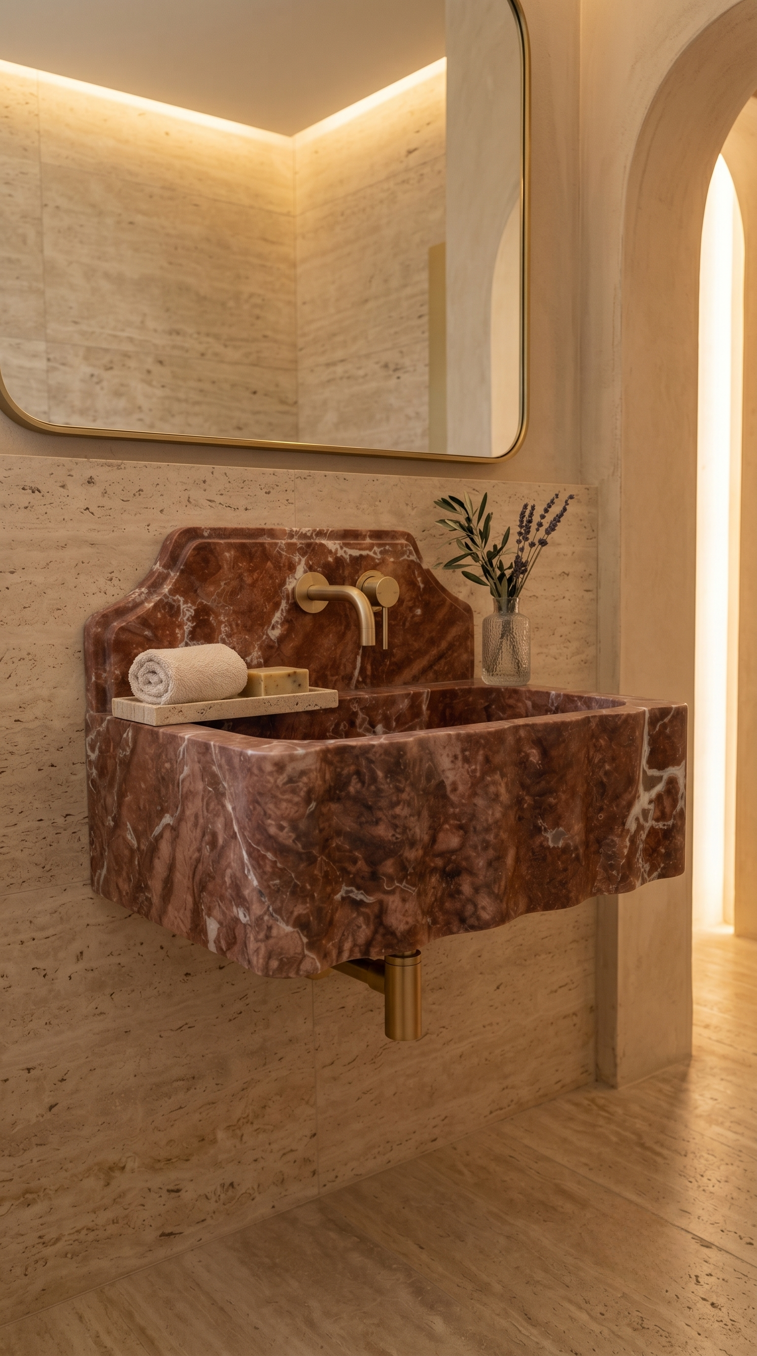 Floating red travertine wall mounted sink with elegant contemporary bathroom design.
