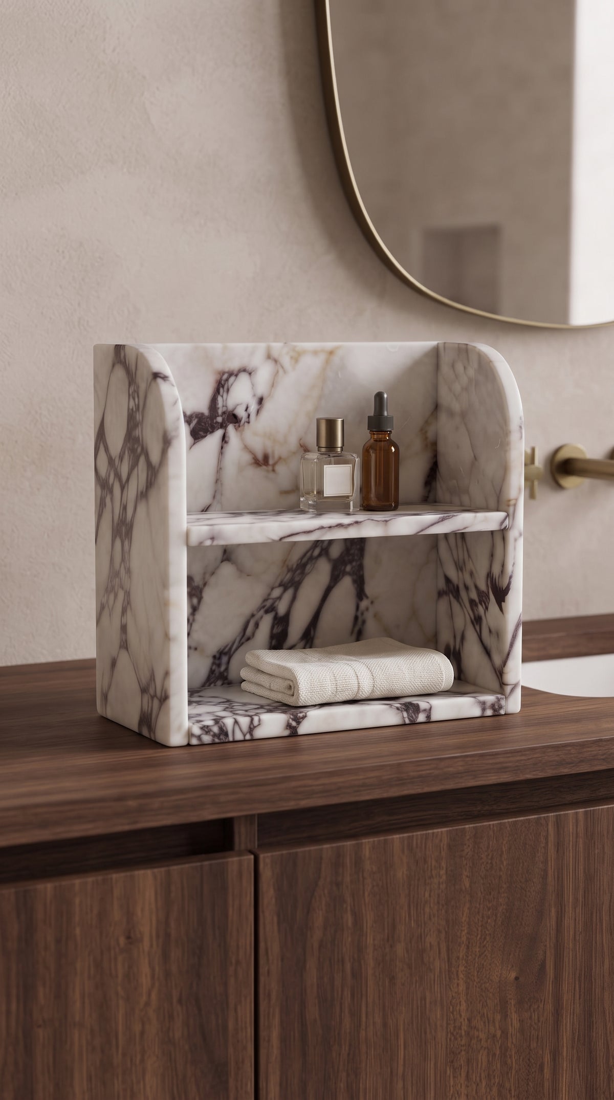 Calacatta Viola marble organizer styled on a luxury vanity for perfume, skincare and bathroom storage
