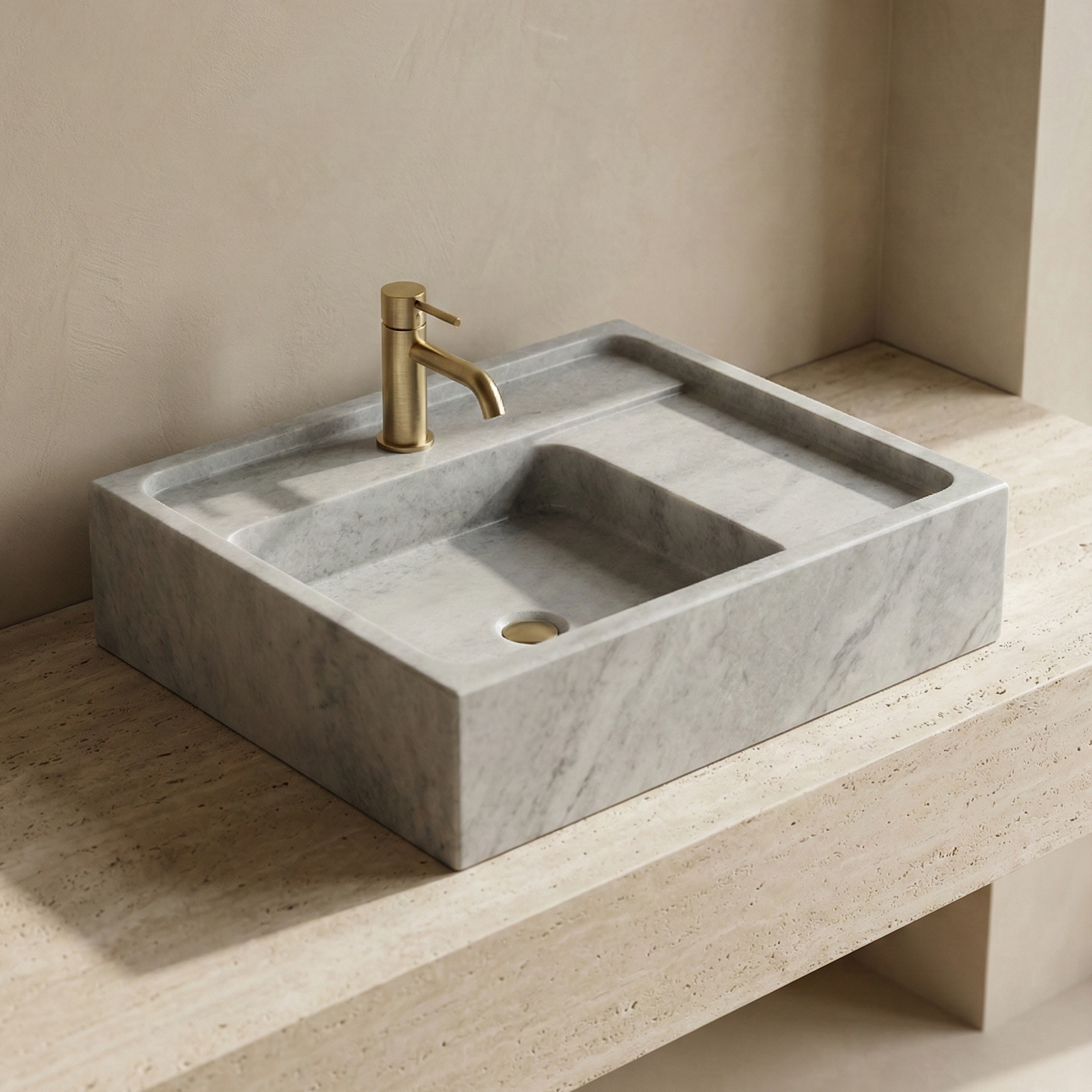Luxury grey marble vessel sink in contemporary bathroom setting with natural tones