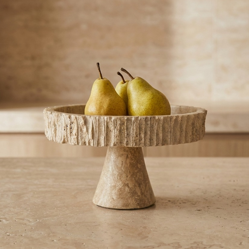 Travertine fruit stand with pears styled on stone surface
