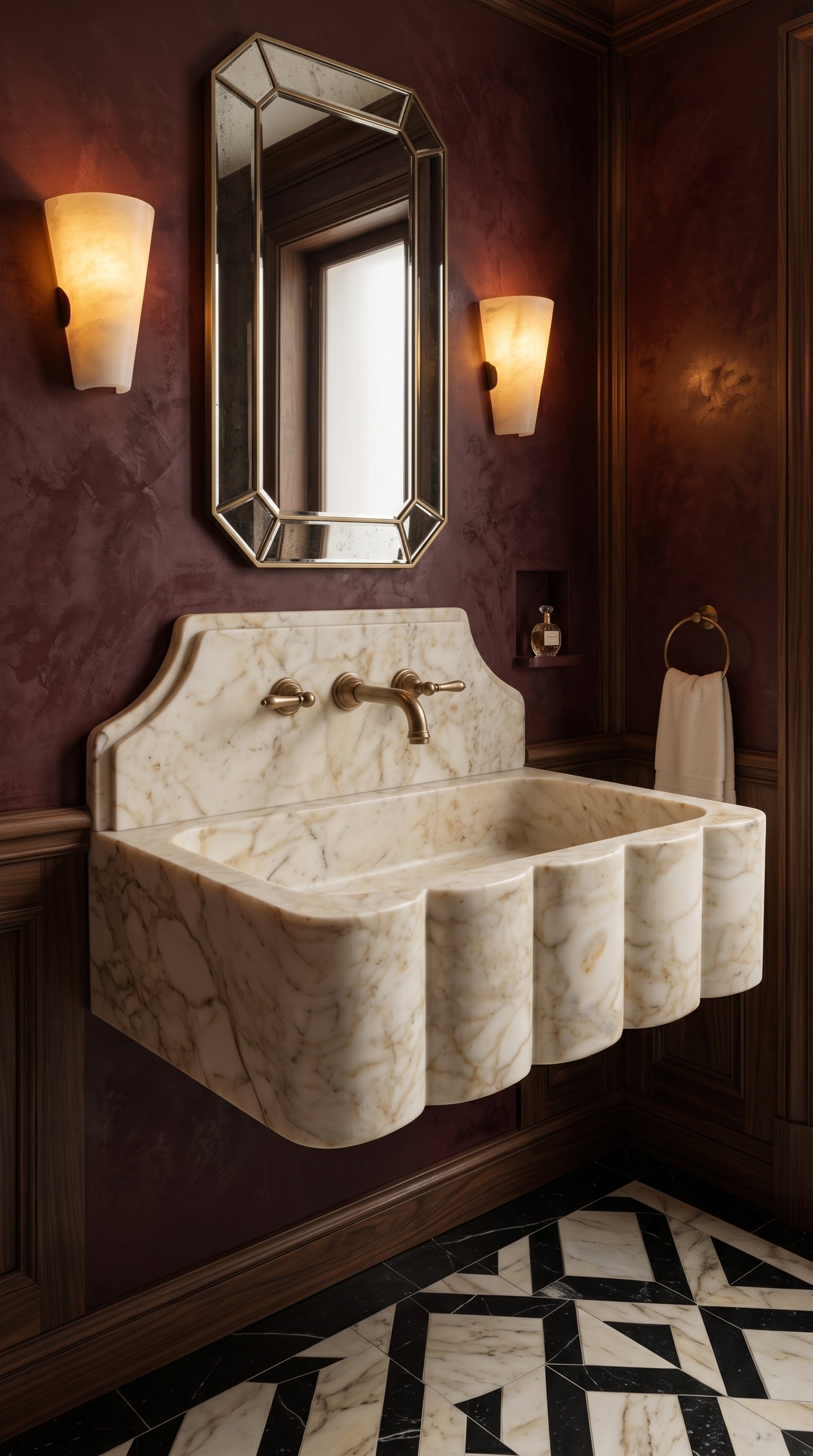 Handcrafted Calacatta Gold marble sink in a burgundy luxury powder room with a geometric mirror and warm ambient lighting.