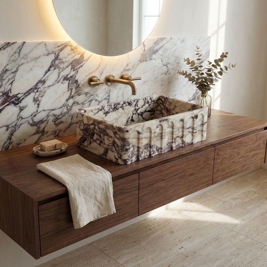 Rectangular Calacatta Viola marble vessel sink in contemporary bathroom setting