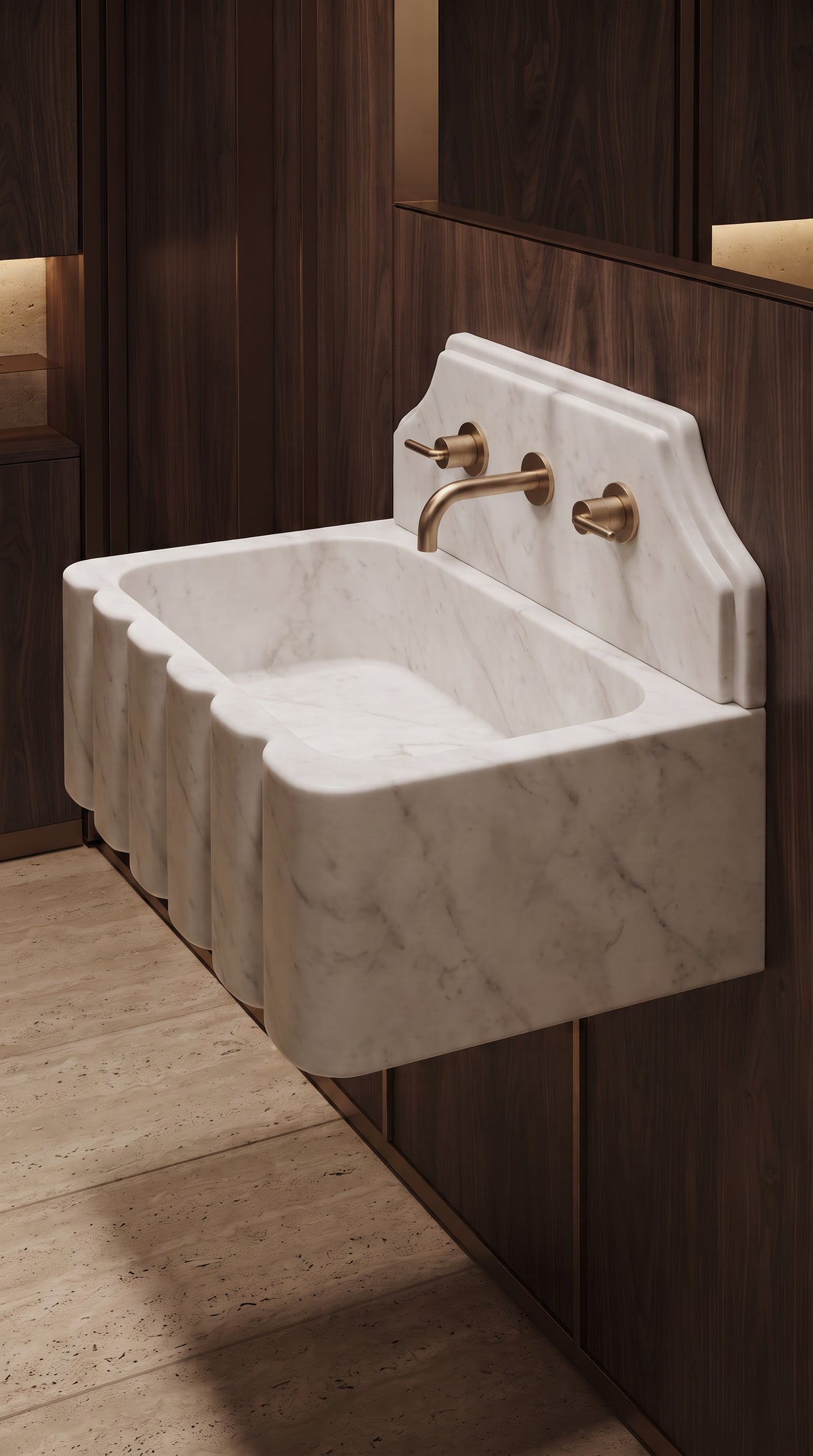 Side view of a Muğla White marble floating sink in a walnut paneled luxury bathroom, showing the basin and thick marble side.