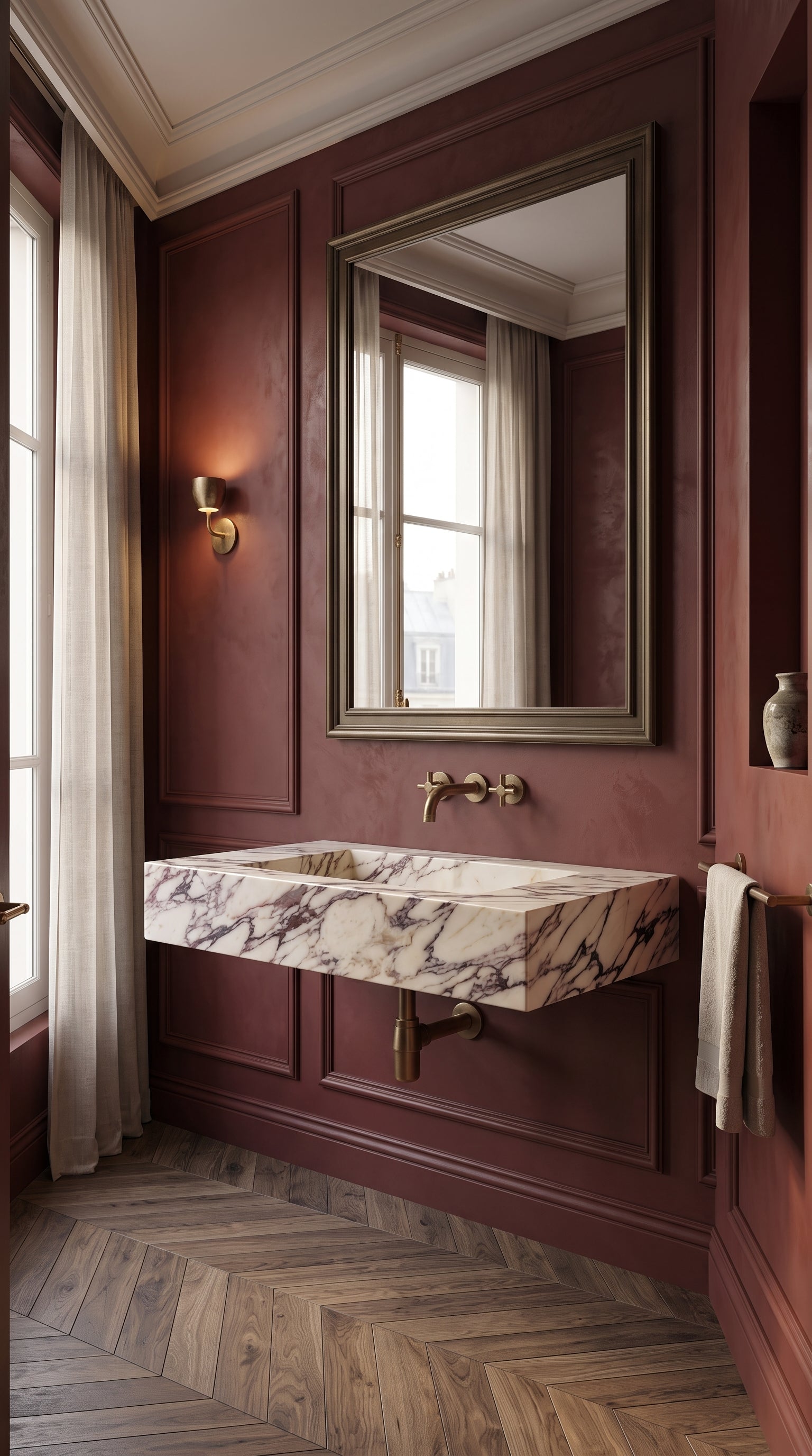 Calacatta Viola marble basin in an elegant wood-paneled bathroom