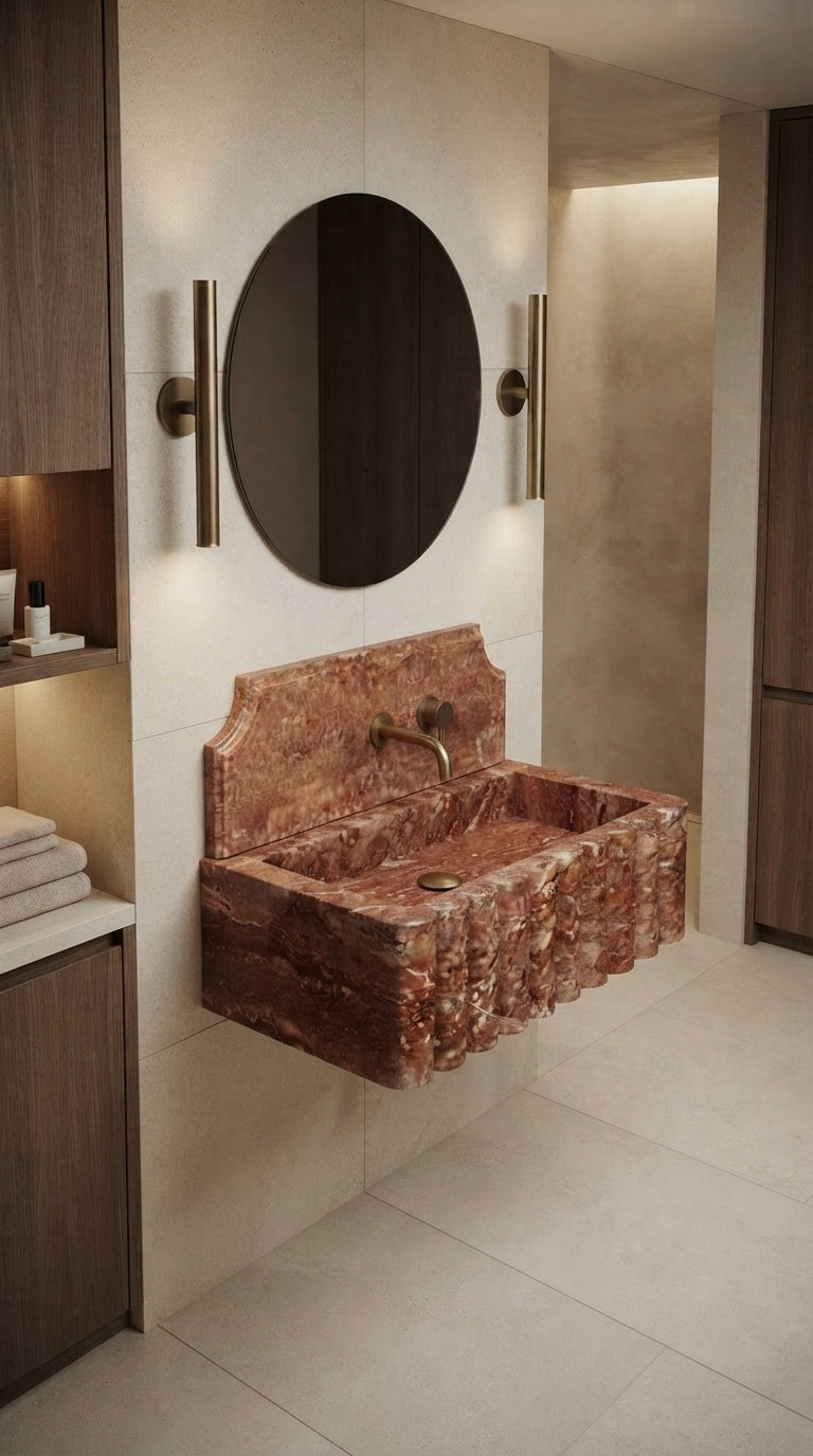Handcrafted Red Travertine fluted sink styled in a high-end contemporary bathroom interior