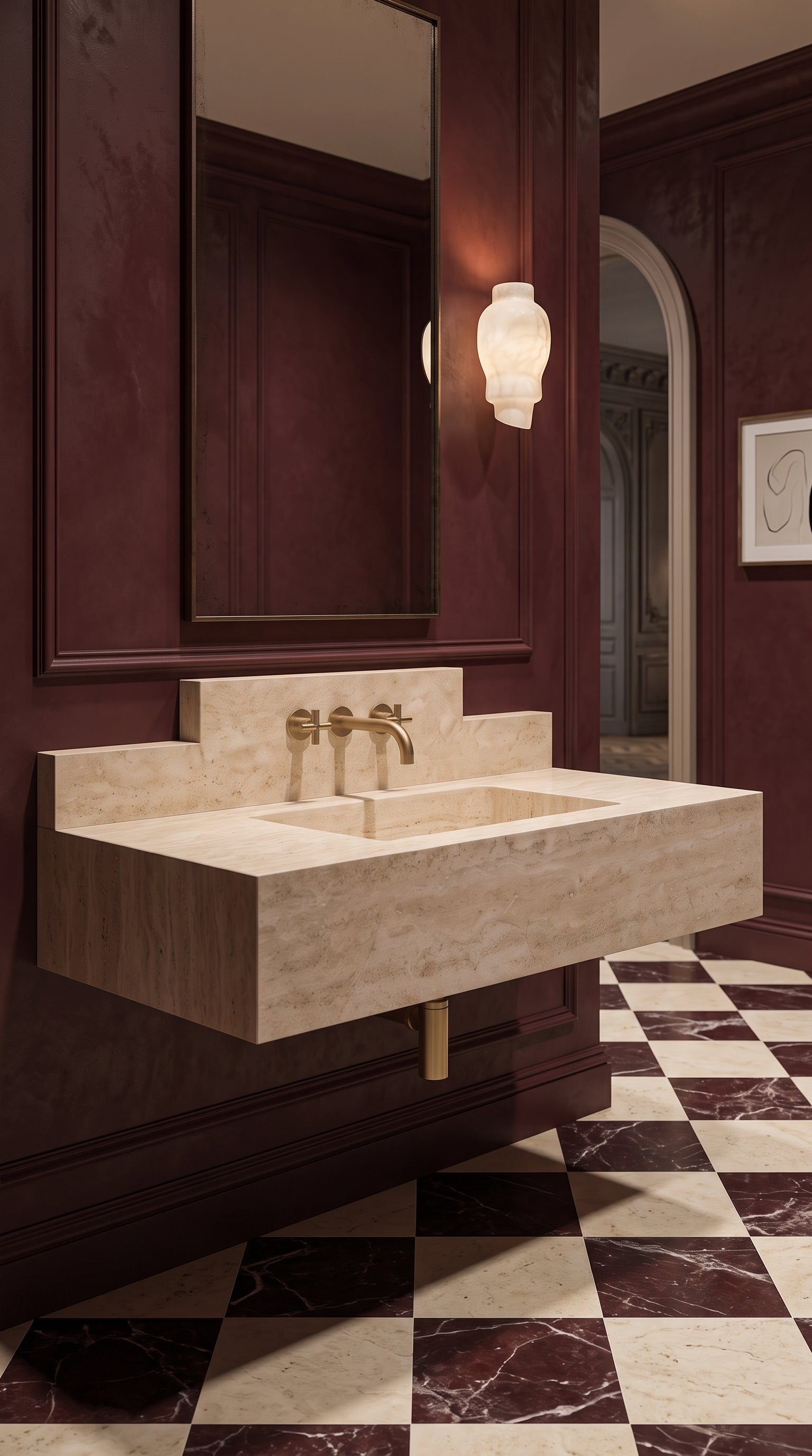 Travertine floating vanity styled in an elegant European bathroom with rich wood wall panels.