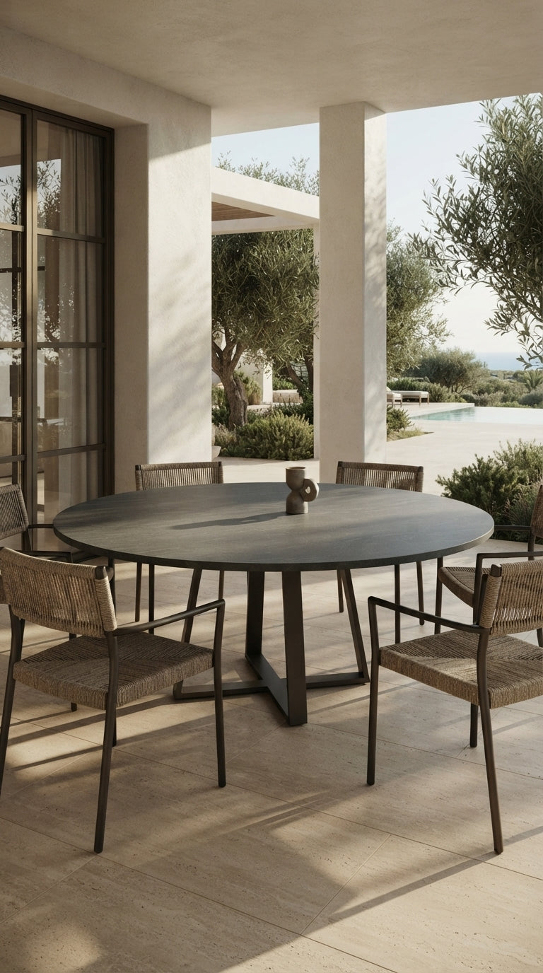 Round Pietra di Cardoso Grigio porcelain tabletop styled in a bright Mediterranean outdoor dining setting