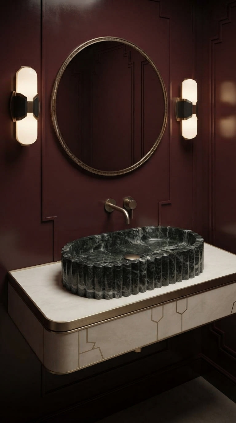 Fluted marble sink on an ivory vanity against burgundy paneled walls, beneath an oval mirror with paired wall sconces.
