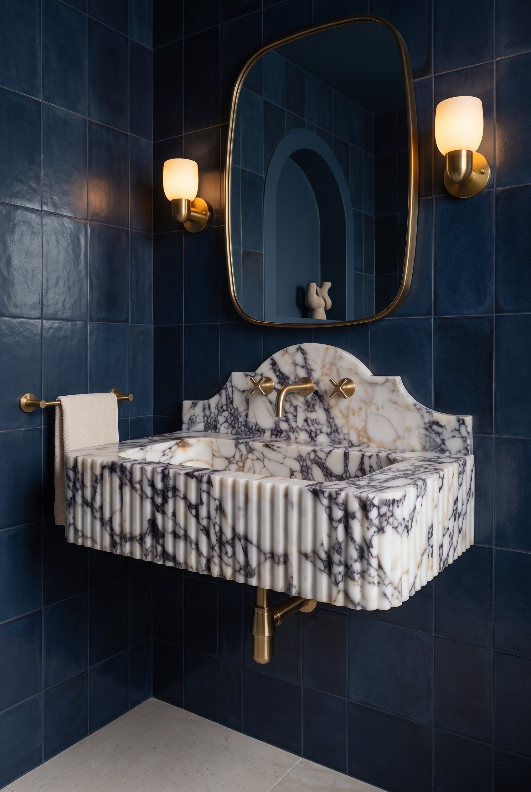 Calacatta Viola Fluted Marble Wall-Mounted Sink with Backsplash