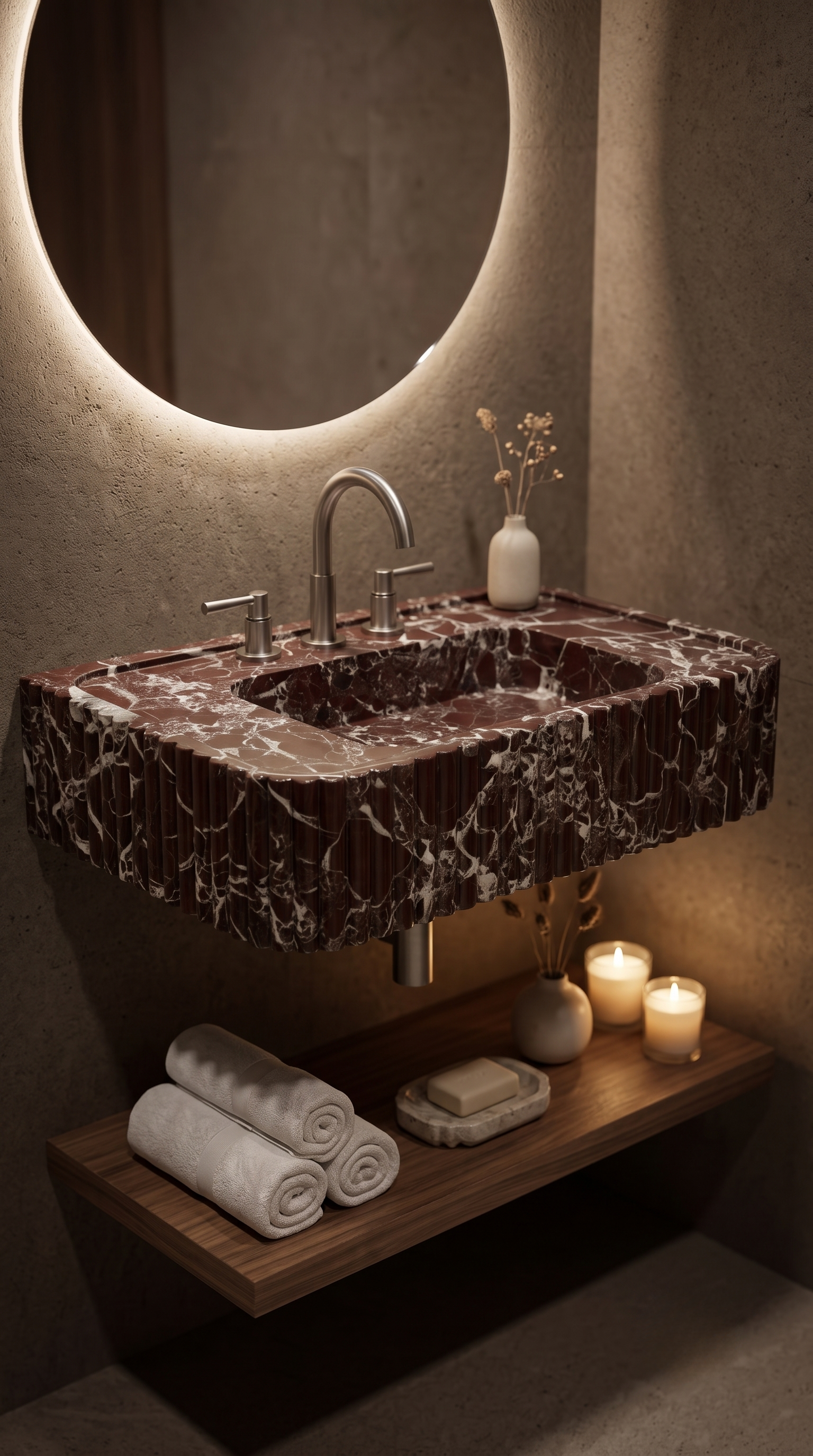 Luxury Rosso Levanto marble floating sink with warm ambient bathroom lighting
