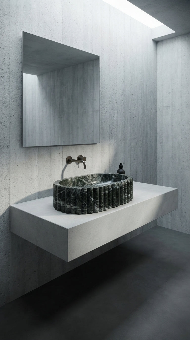 Dark fluted marble vessel sink on a thick floating vanity in a minimalist pale bathroom with a rectangular mirror.